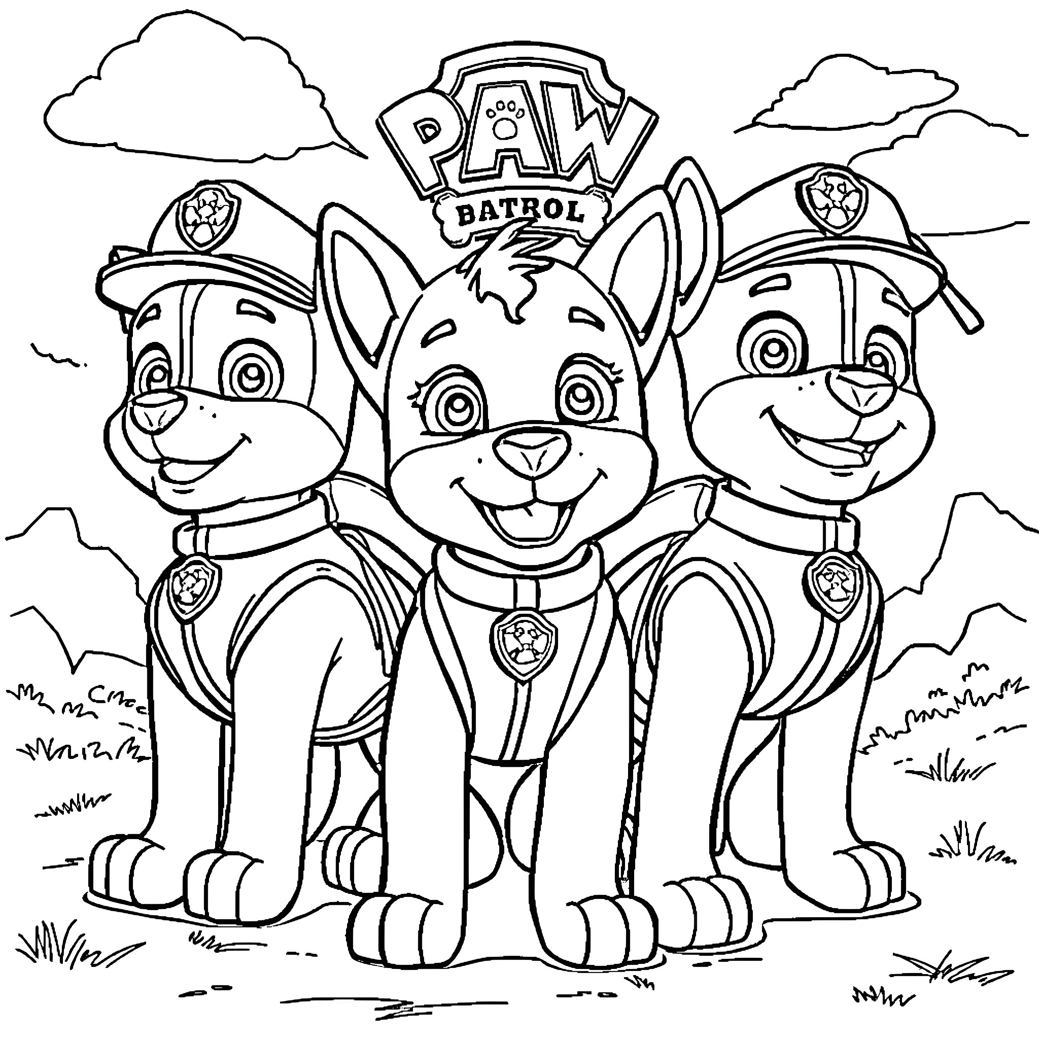 Paw Patrol pups on a patrol adventure Coloring Page (free black-and-white line drawing printable PDF for all, from beginners to advanced learners, including children, teens, adults, and seniors)