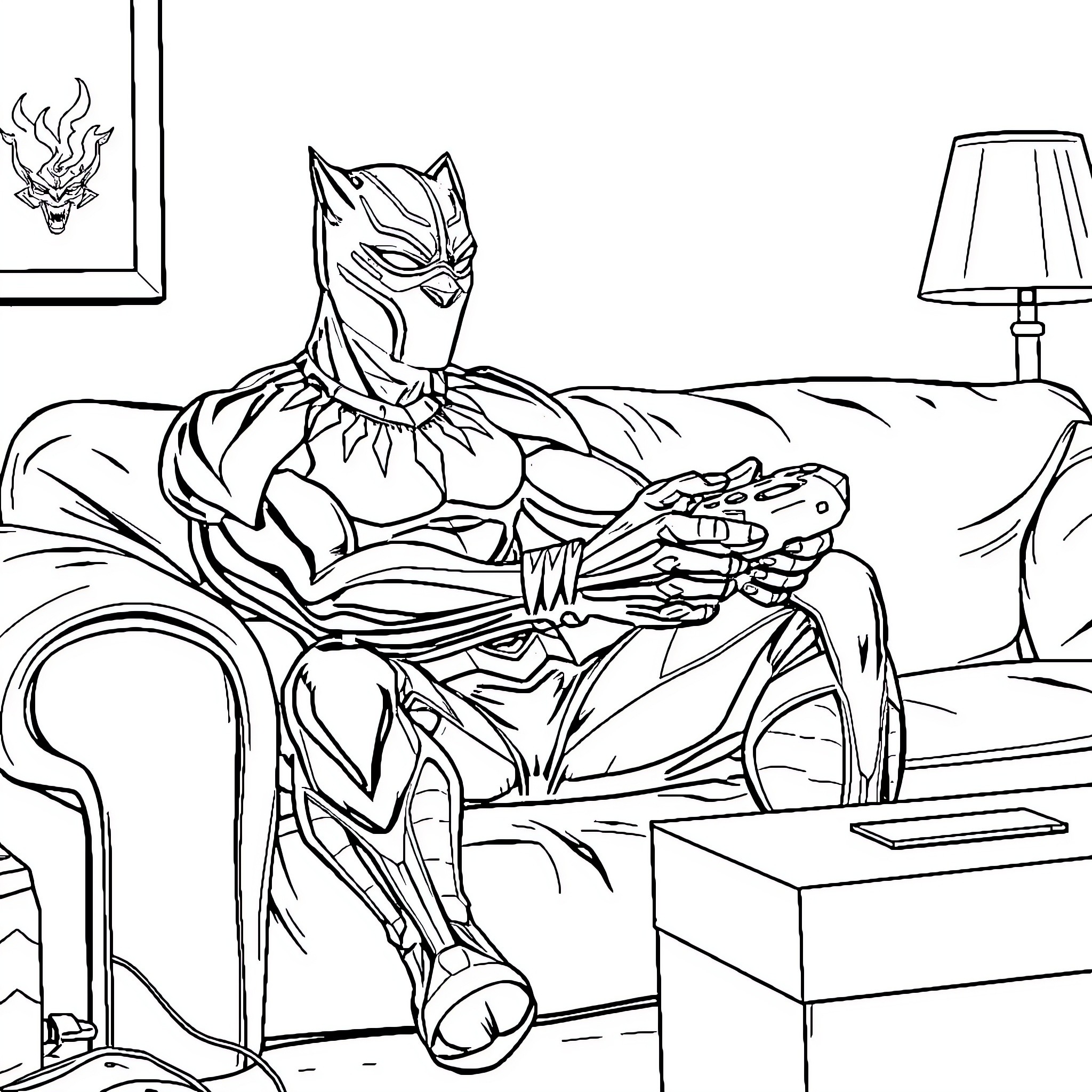 Black Panther relaxing in his lair Coloring Page (free black-and-white line drawing printable PDF for all, from beginners to advanced learners, including children, teens, adults, and seniors)