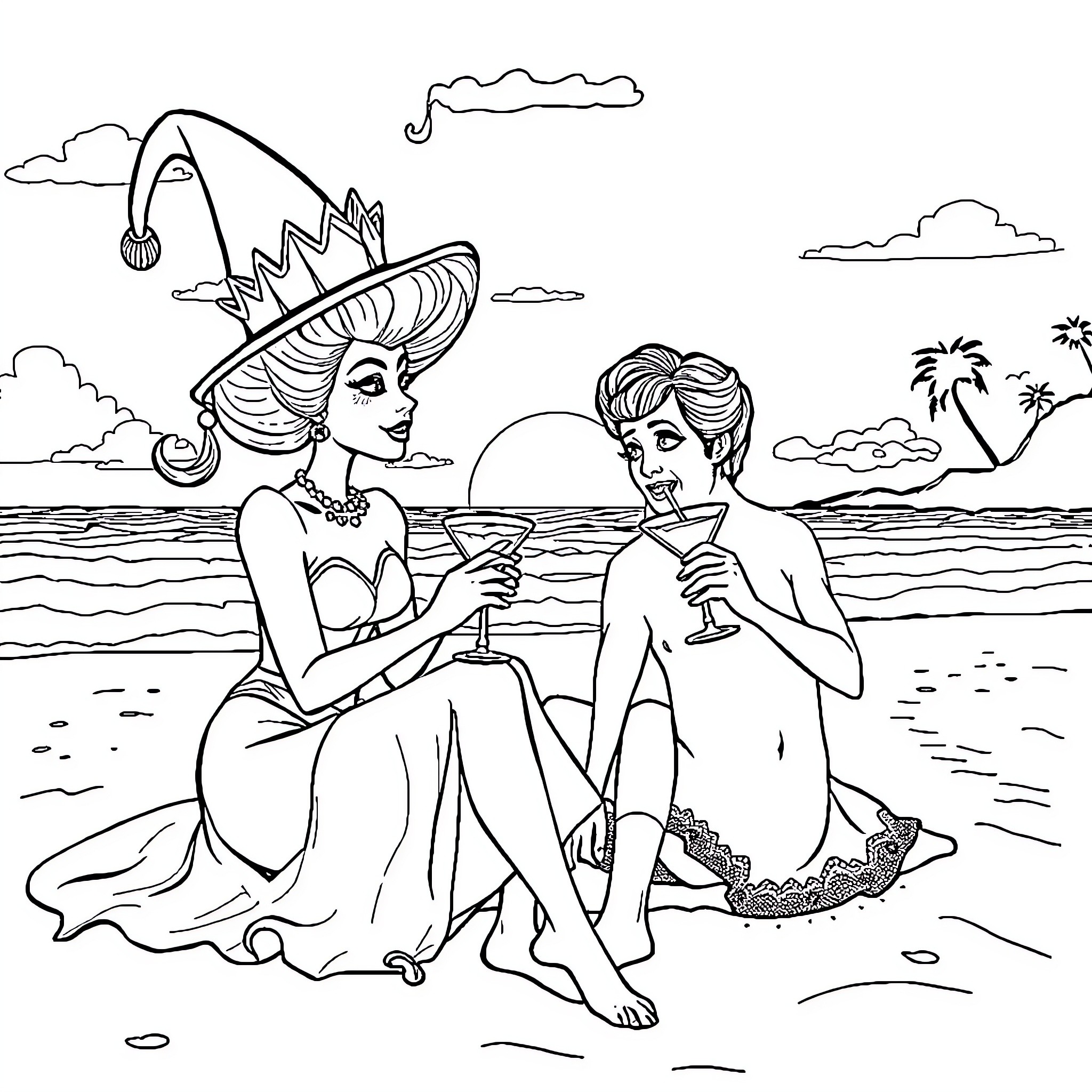 Glinda and the Sea Goddess Enjoying Cocktails on the Beach Coloring Page (free black-and-white line drawing printable PDF for all, from beginners to advanced learners, including children, teens, adults, and seniors)