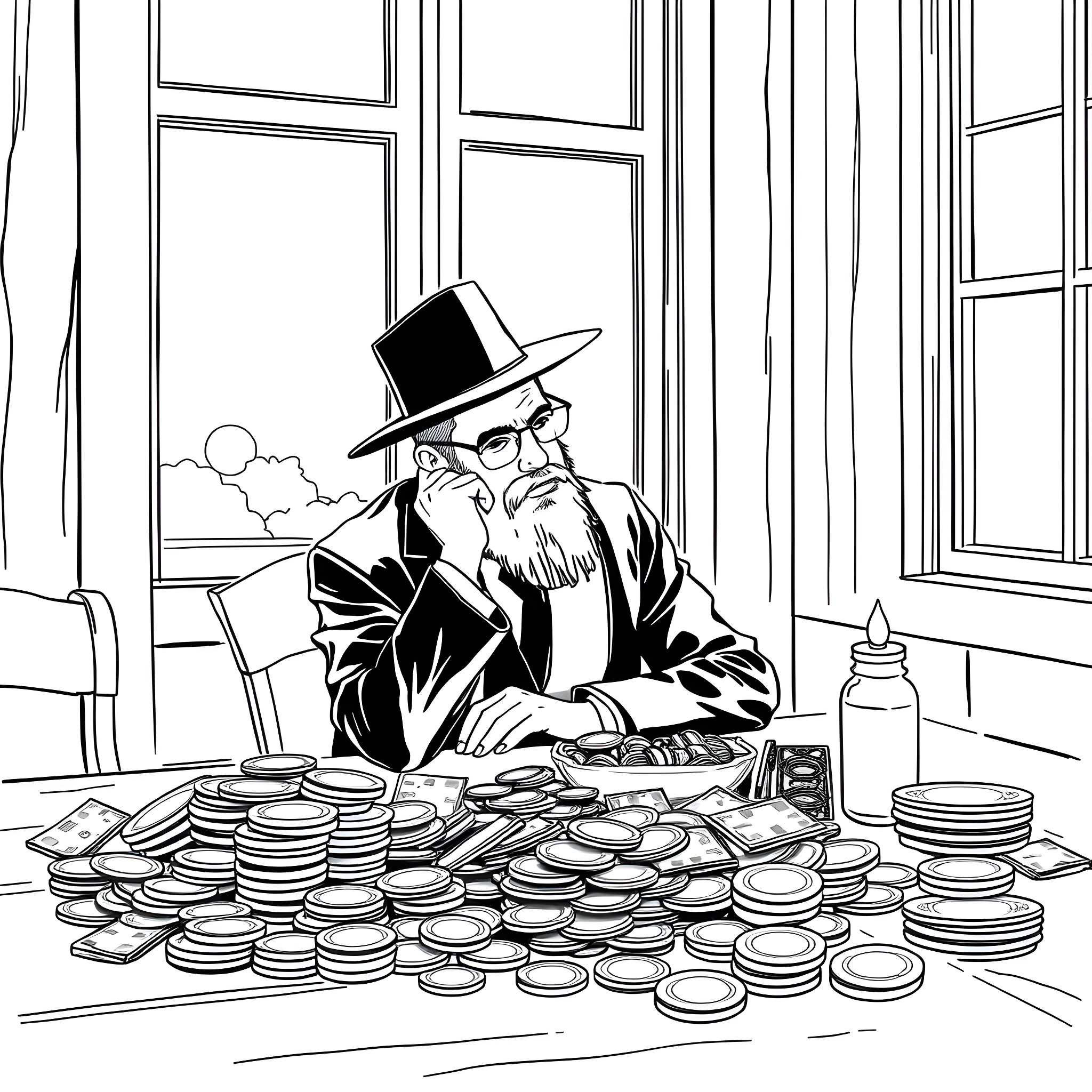 Jewish Man Counting Coins in a Room Coloring Page (free black-and-white line drawing printable PDF for all, from beginners to advanced learners, including children, teens, adults, and seniors)