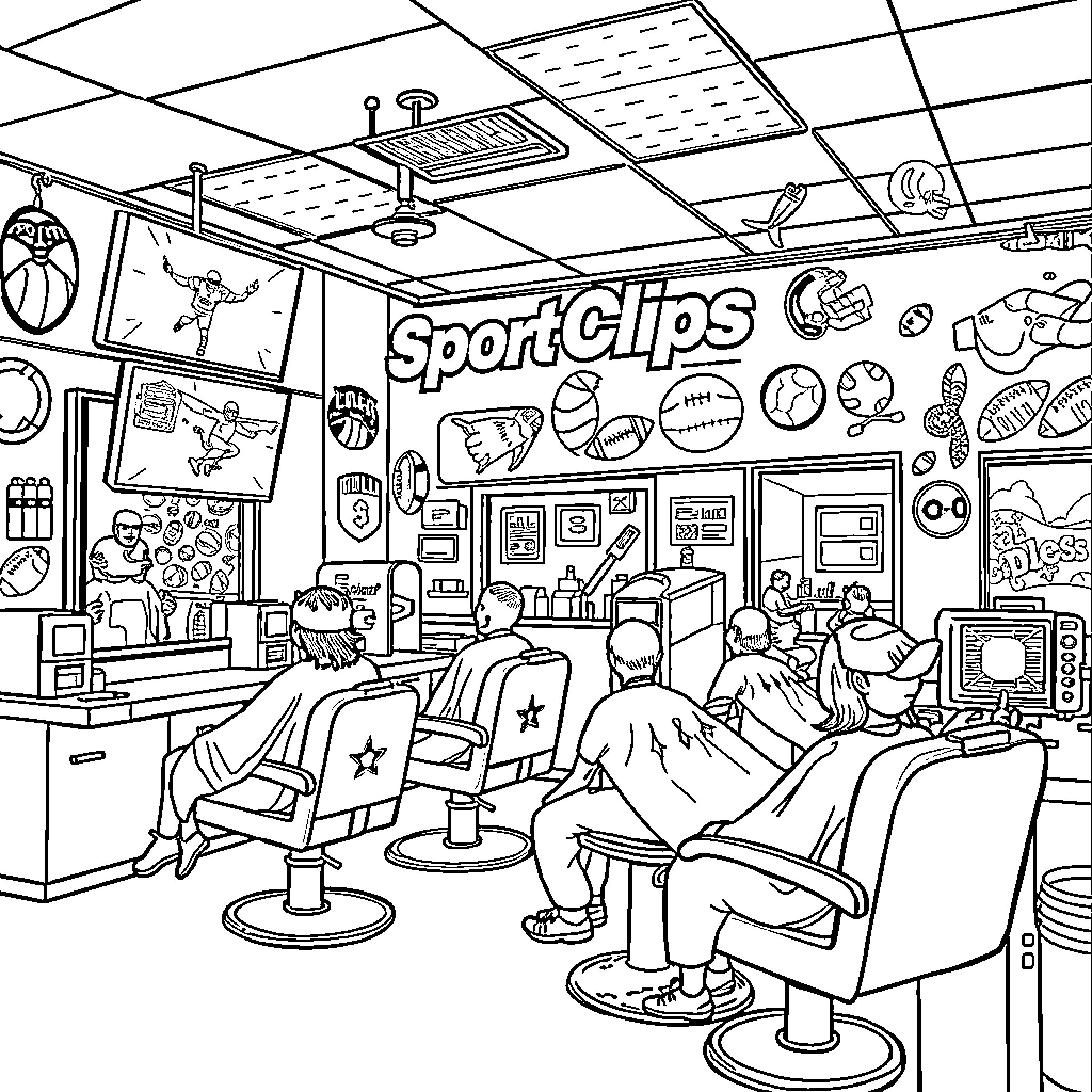 Sport Clips: Barbershop Experience for Sports Enthusiasts Coloring Page (free black-and-white line drawing printable PDF for all, from beginners to advanced learners, including children, teens, adults, and seniors)