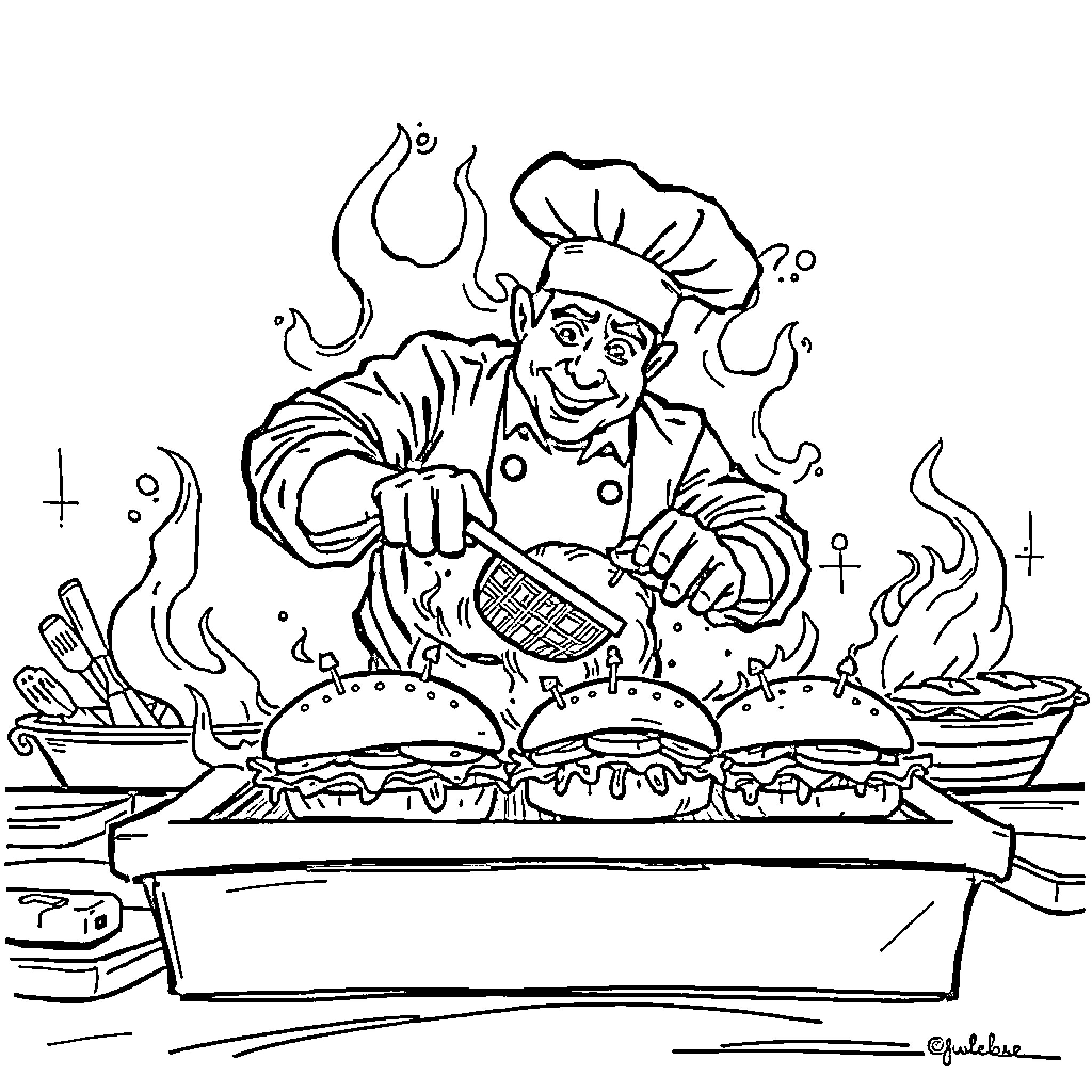Chef Cooking Enthusiastically in the Kitchen Coloring Page (free black-and-white line drawing printable PDF for all, from beginners to advanced learners, including children, teens, adults, and seniors)