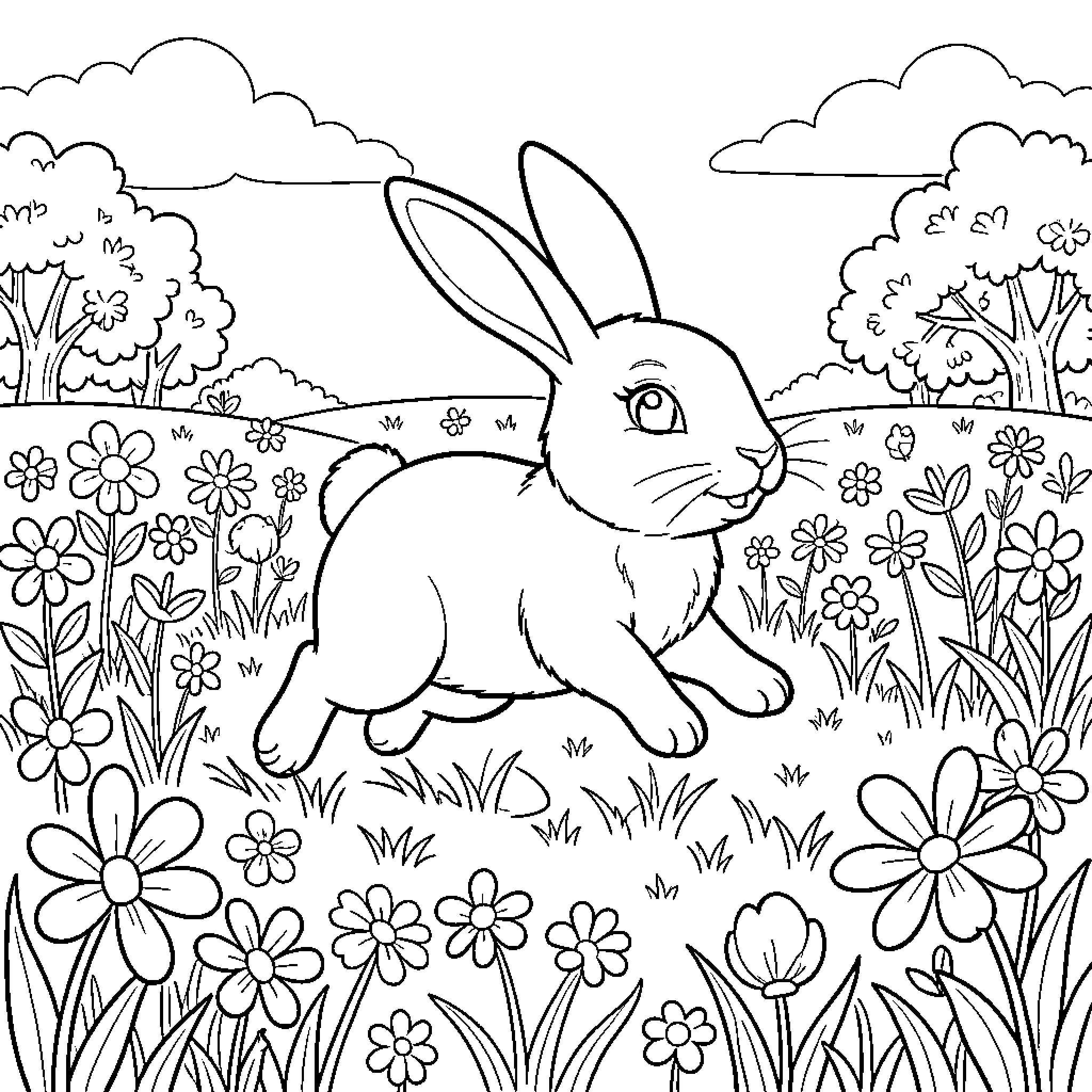 Bunny hopping through a floral meadow Coloring Page (free black-and-white line drawing printable PDF for all, from beginners to advanced learners, including children, teens, adults, and seniors)