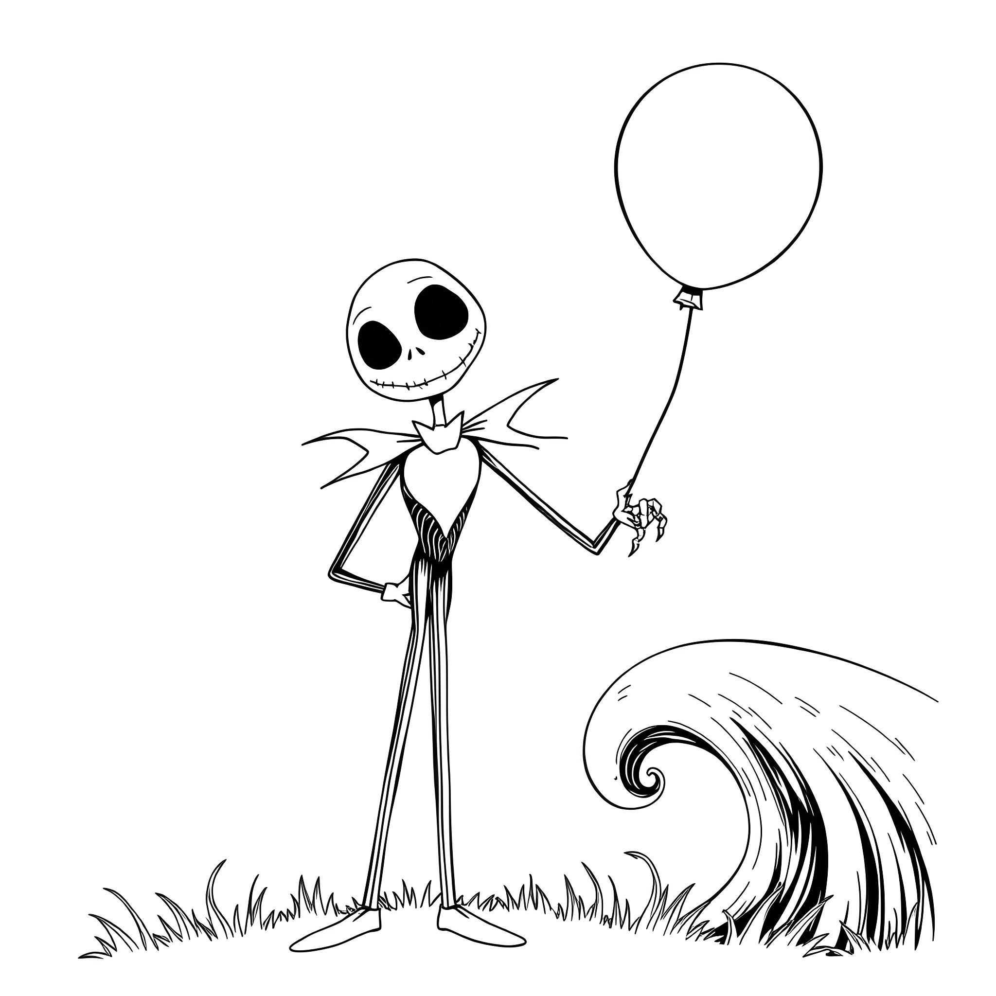 Jack Skellington with a balloon in a spooky scene Coloring Page (free black-and-white line drawing printable PDF for all, from beginners to advanced learners, including children, teens, adults, and seniors)