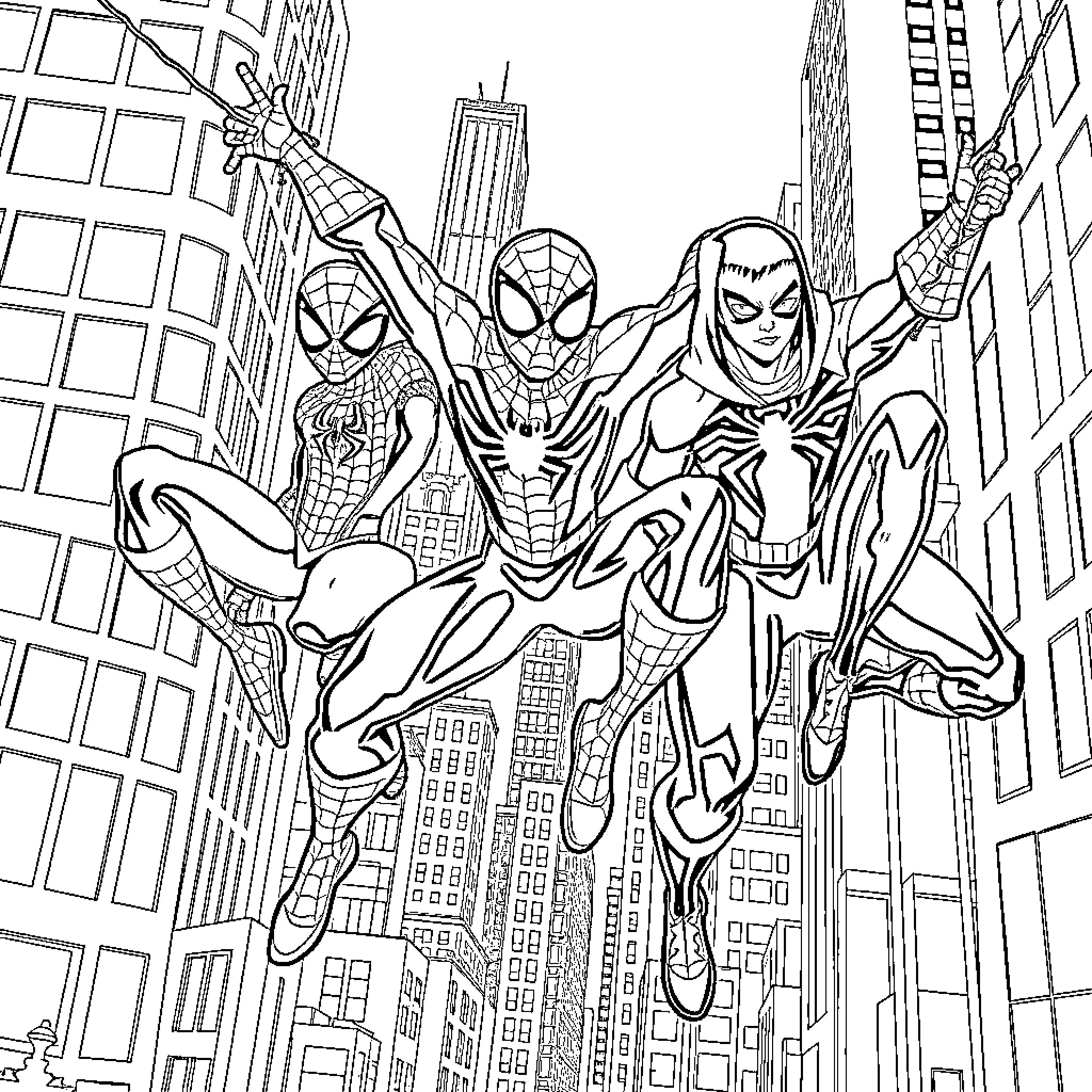 Spider-Man and allies swinging through the city Coloring Page (free black-and-white line drawing printable PDF for all, from beginners to advanced learners, including children, teens, adults, and seniors)