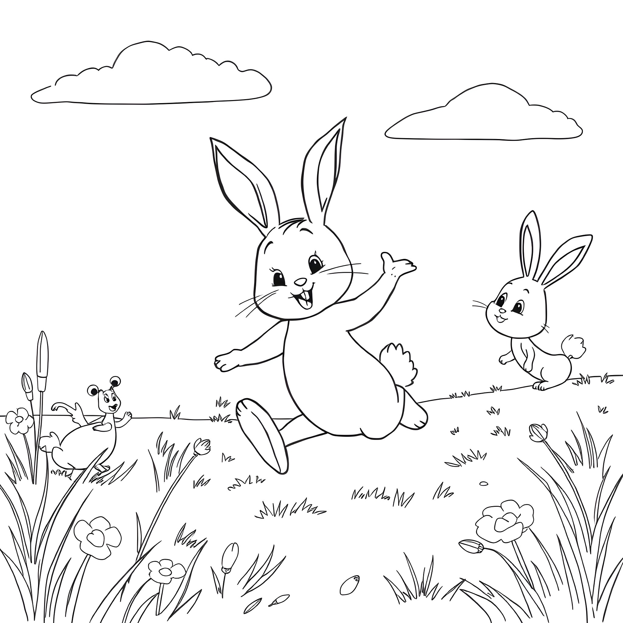 Bing Bunnies Hopping in the Meadow Coloring Page (free black-and-white line drawing printable PDF for all, from beginners to advanced learners, including children, teens, adults, and seniors)