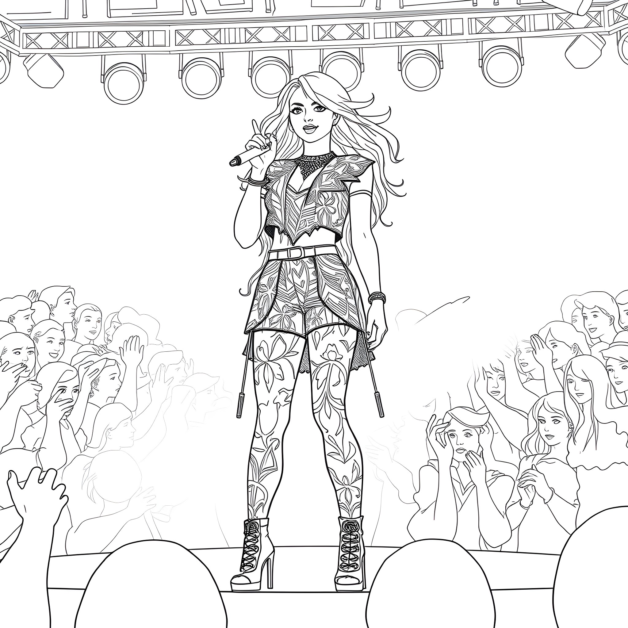 Kim Petras performing on stage with colorful outfit Coloring Page (free black-and-white line drawing printable PDF for all, from beginners to advanced learners, including children, teens, adults, and seniors)