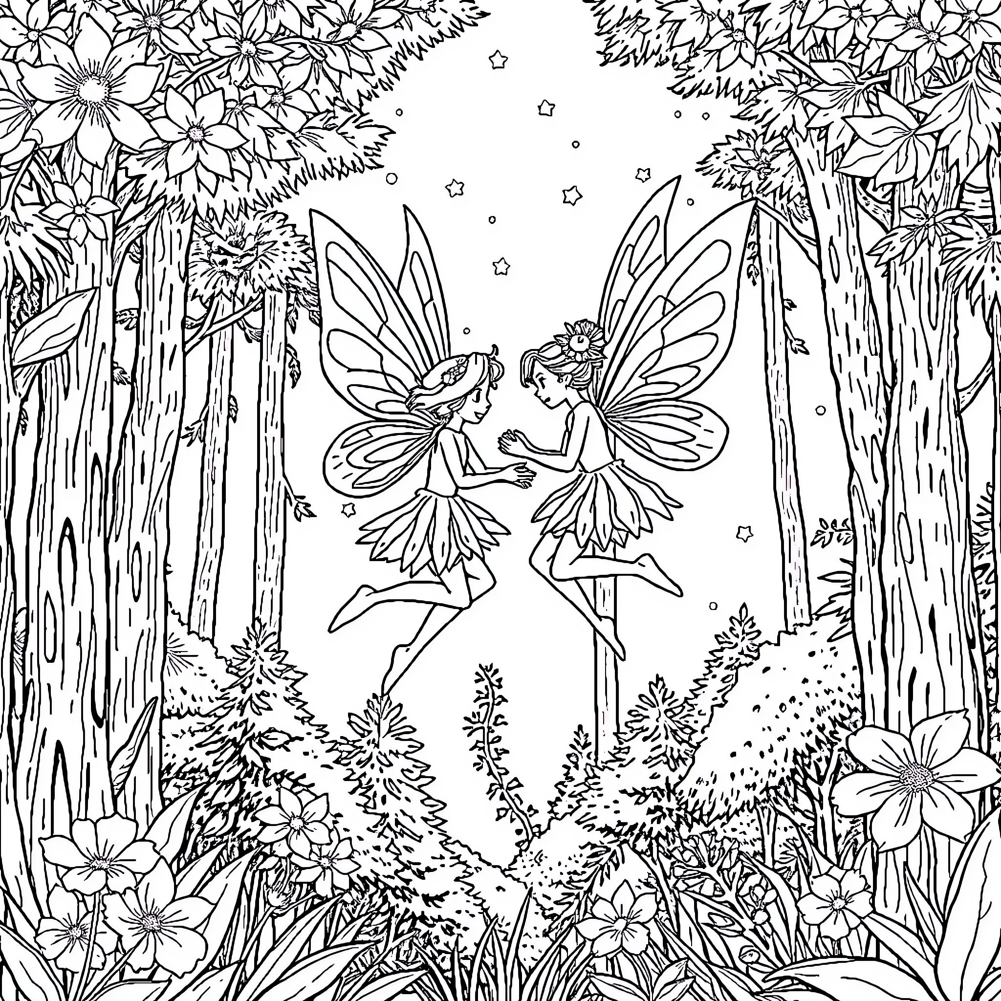 Fairy friends dancing in the enchanted forest Coloring Page (free black-and-white line drawing printable PDF for all, from beginners to advanced learners, including children, teens, adults, and seniors)