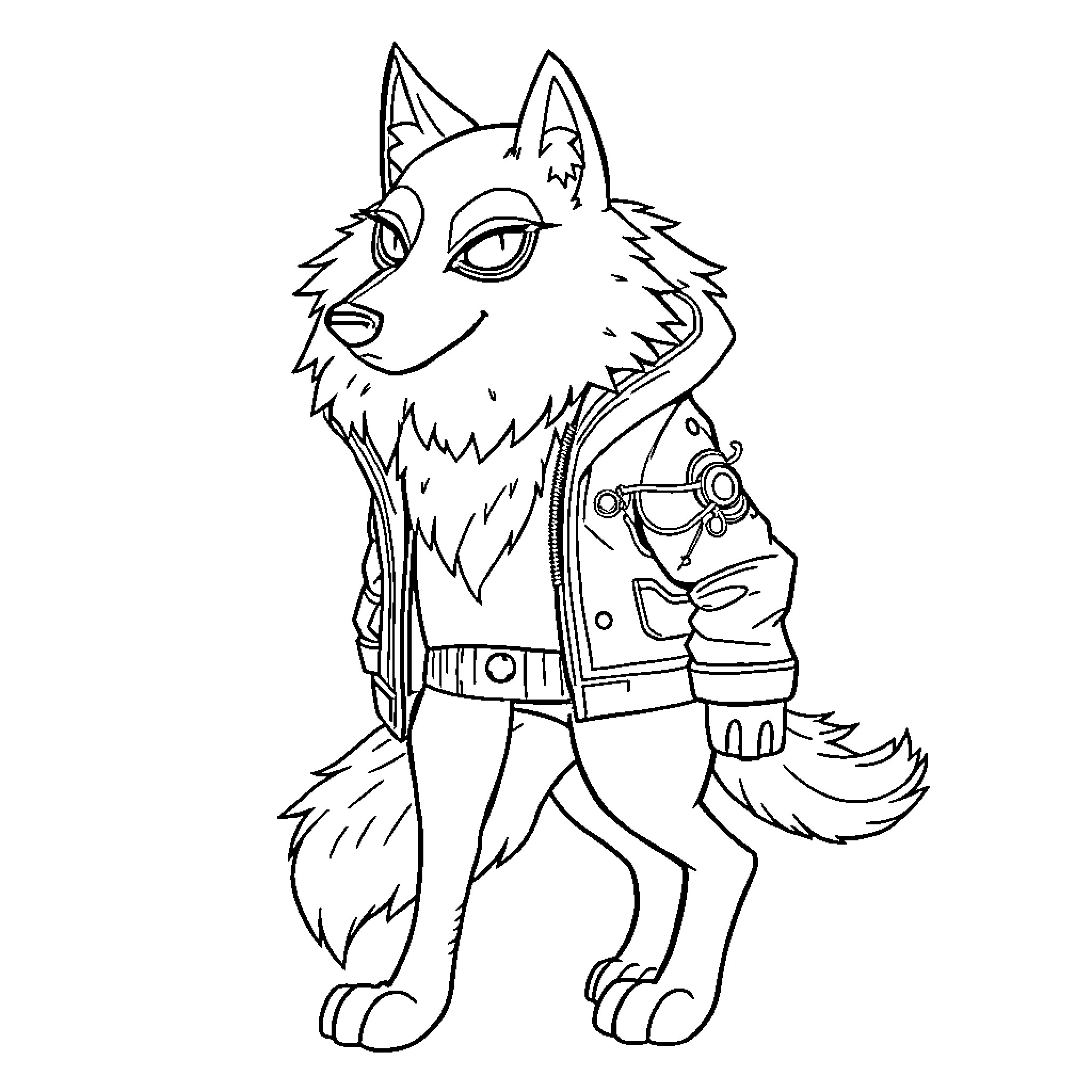 Wolf in Adventurous Attire Coloring Page (free black-and-white line drawing printable PDF for all, from beginners to advanced learners, including children, teens, adults, and seniors)