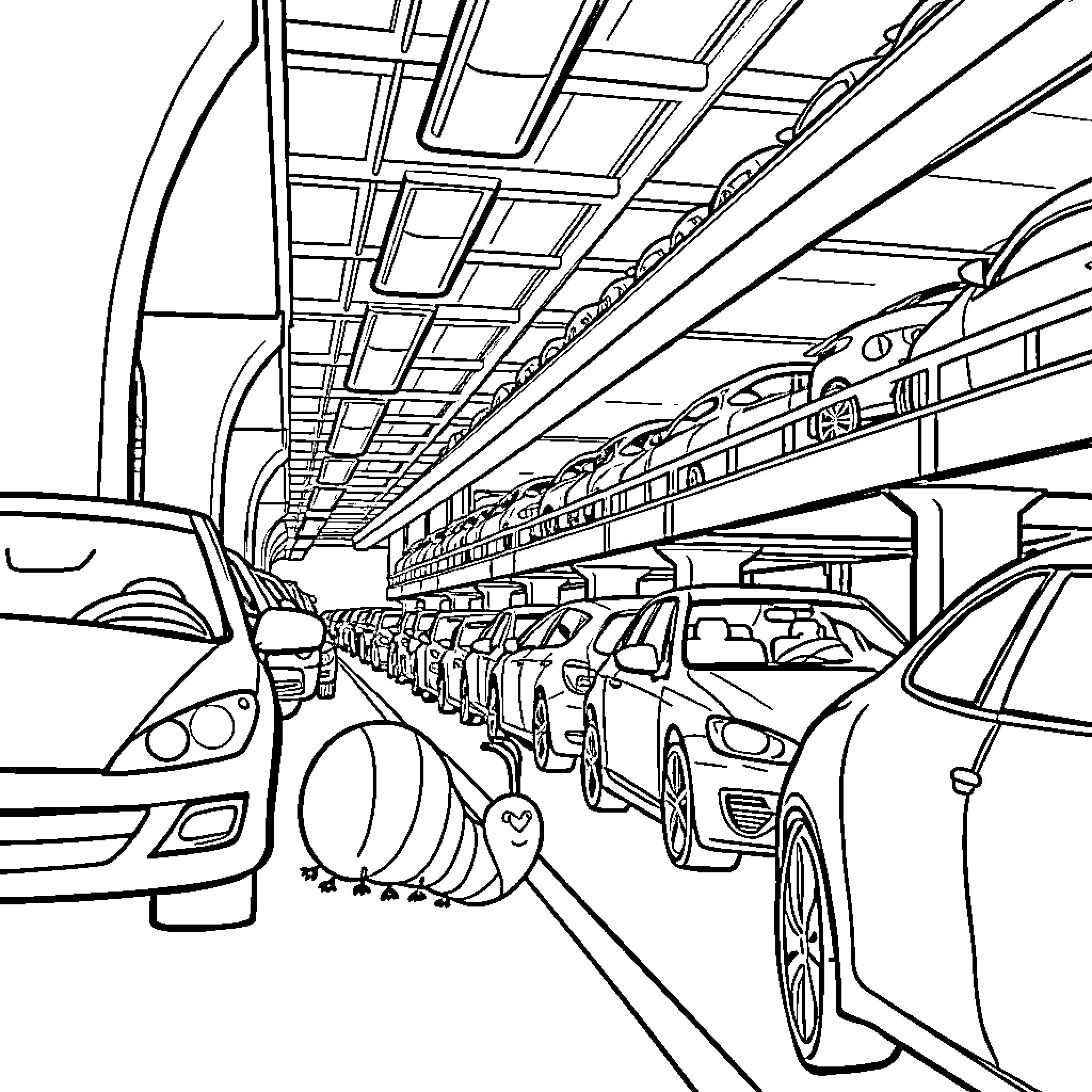 Caterpillar Cars in the Assembly Line Coloring Page (free black-and-white line drawing printable PDF for all, from beginners to advanced learners, including children, teens, adults, and seniors)