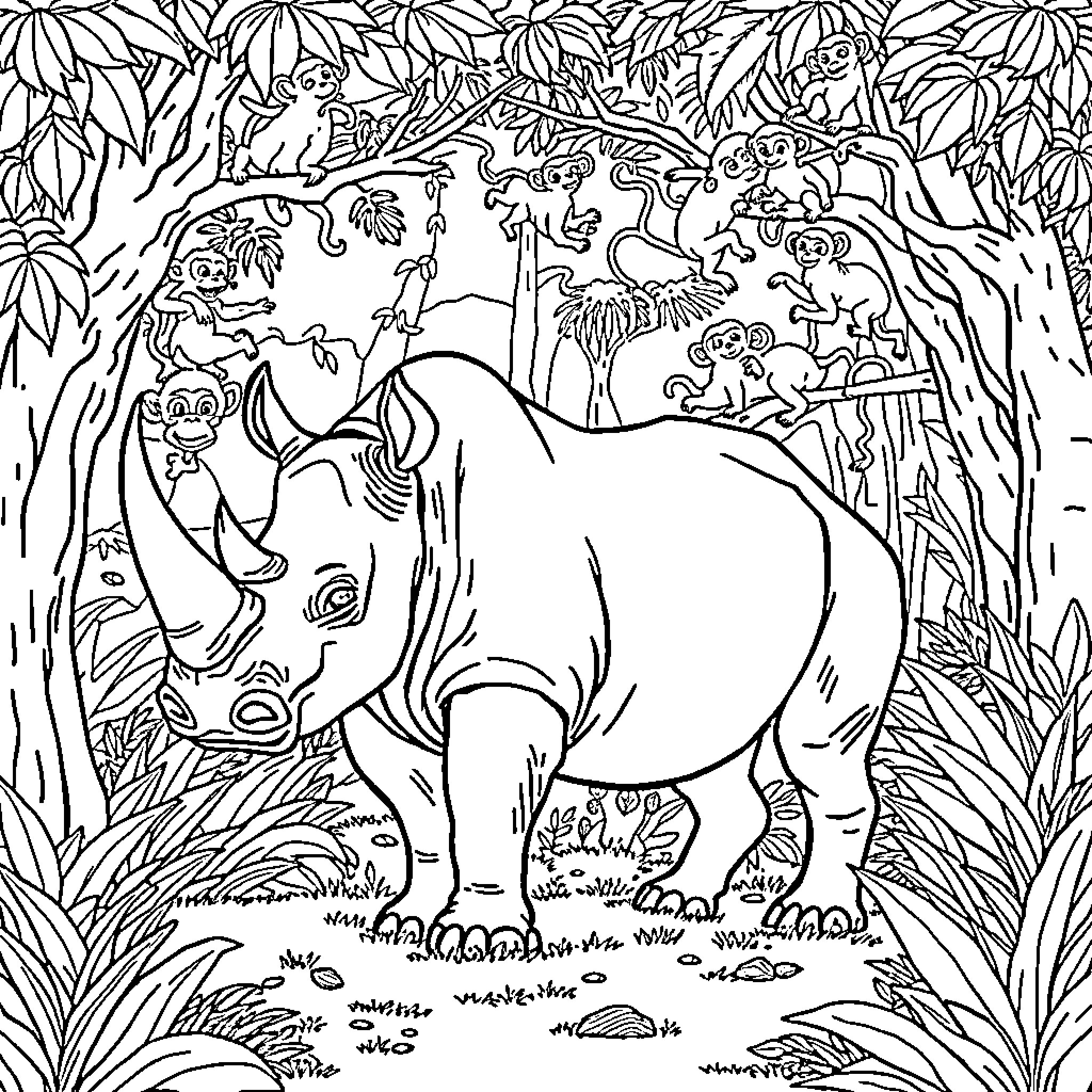 Rhino enjoying the lush jungle surroundings Coloring Page (free black-and-white line drawing printable PDF for all, from beginners to advanced learners, including children, teens, adults, and seniors)