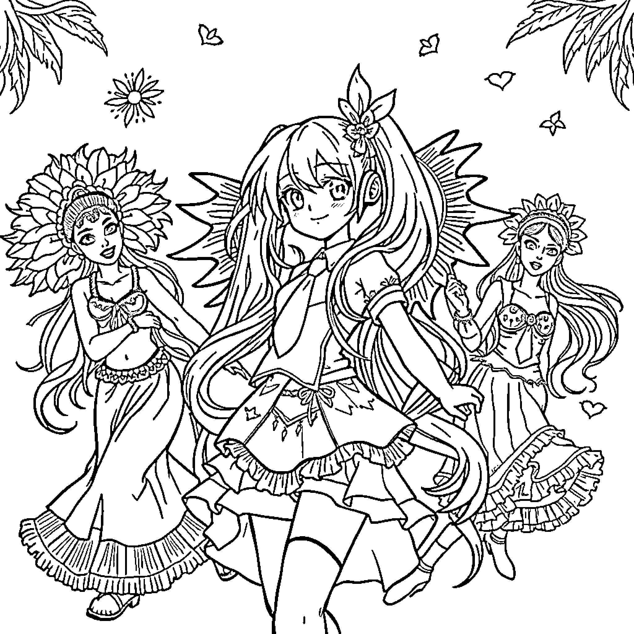 Hatsune Miku and Friends in Whimsical Outfits Coloring Page (free black-and-white line drawing printable PDF for all, from beginners to advanced learners, including children, teens, adults, and seniors)