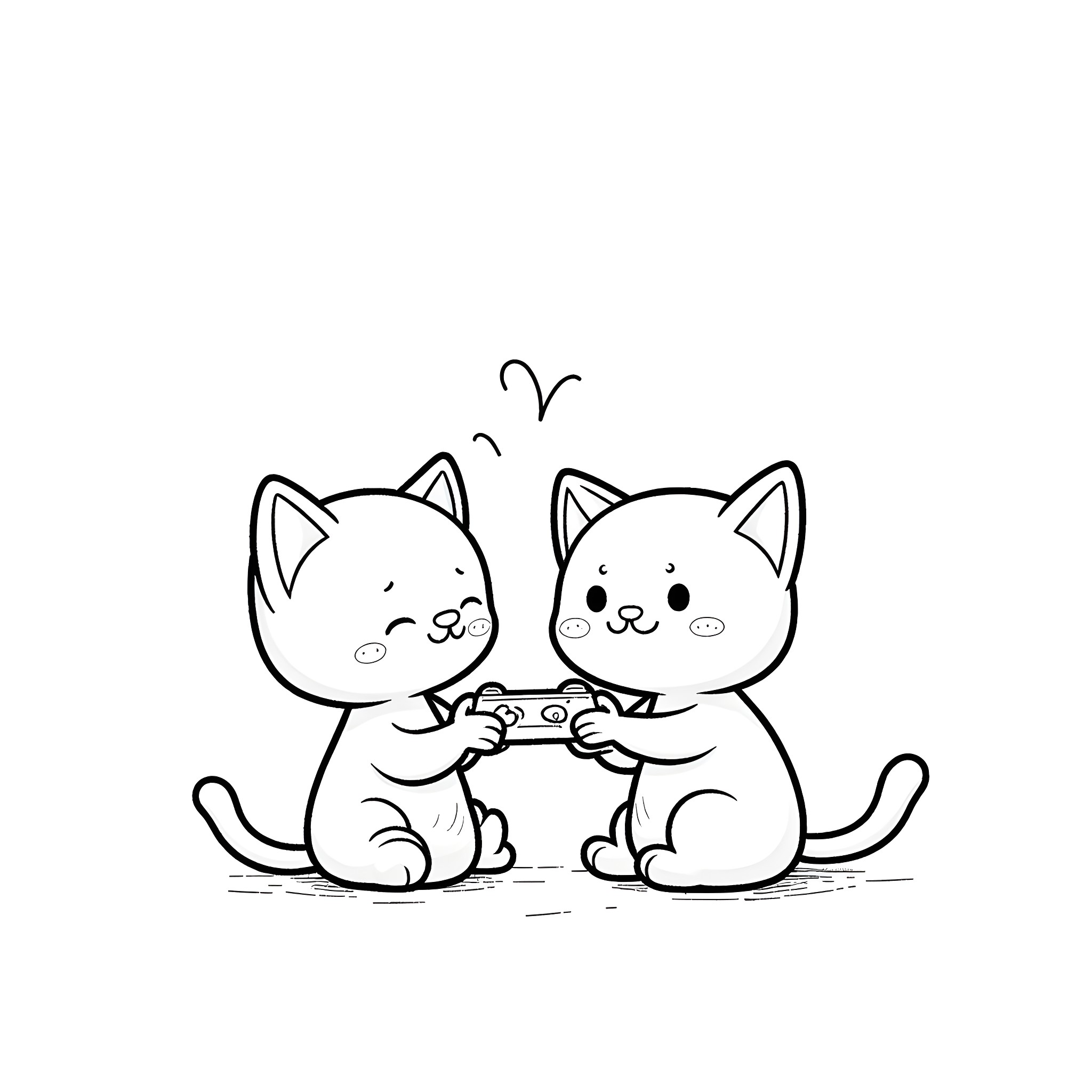 Kittens playing with video game controller Coloring Page (free black-and-white line drawing printable PDF for all, from beginners to advanced learners, including children, teens, adults, and seniors)