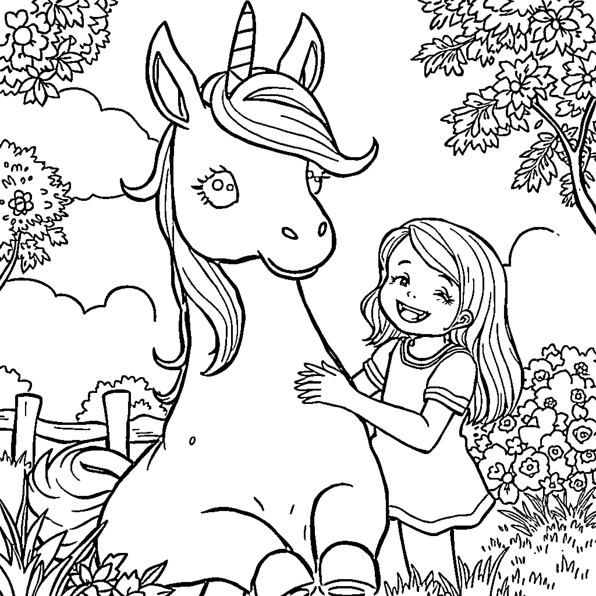 Ane's Encounter with a Friendly Unicorn Coloring Page (free black-and-white line drawing printable PDF for all, from beginners to advanced learners, including children, teens, adults, and seniors)