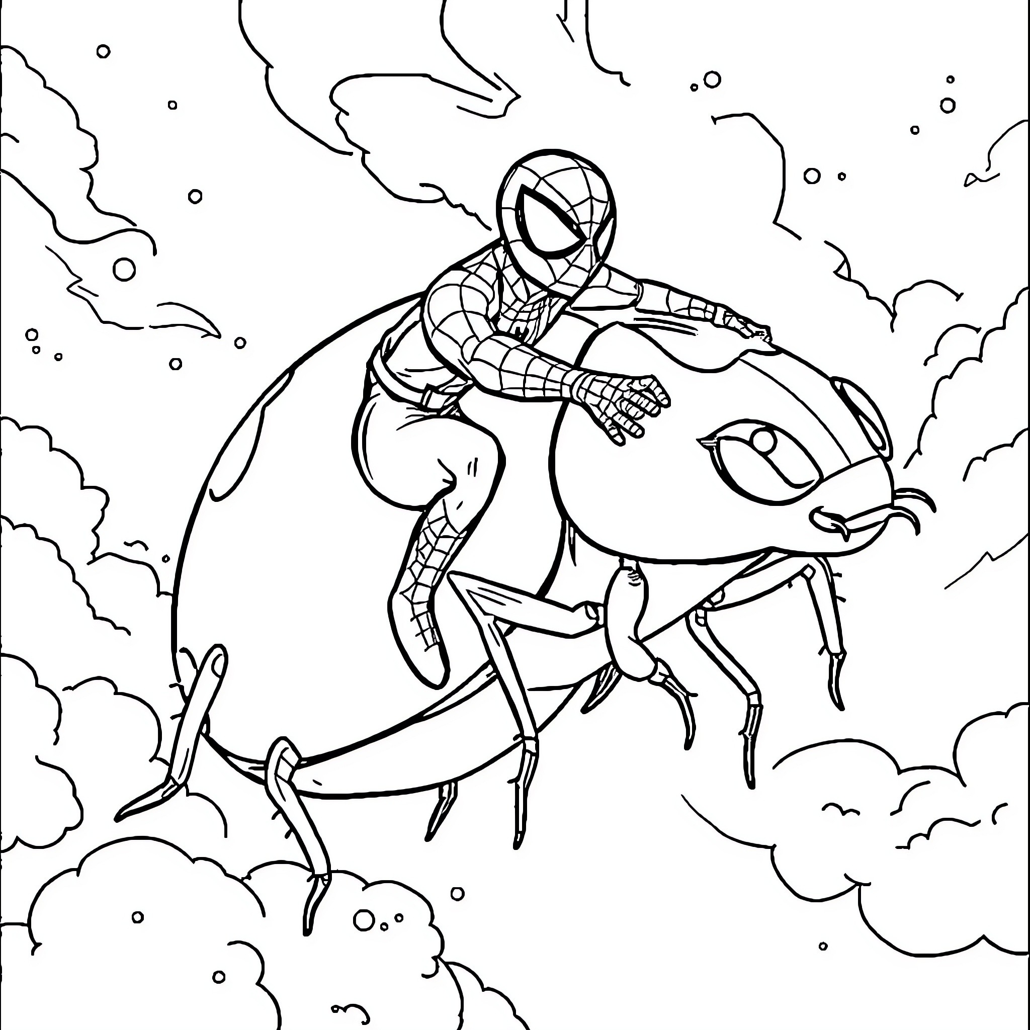 Spider-Man Swinging and Battling Villain Coloring Page (free black-and-white line drawing printable PDF for all, from beginners to advanced learners, including children, teens, adults, and seniors)