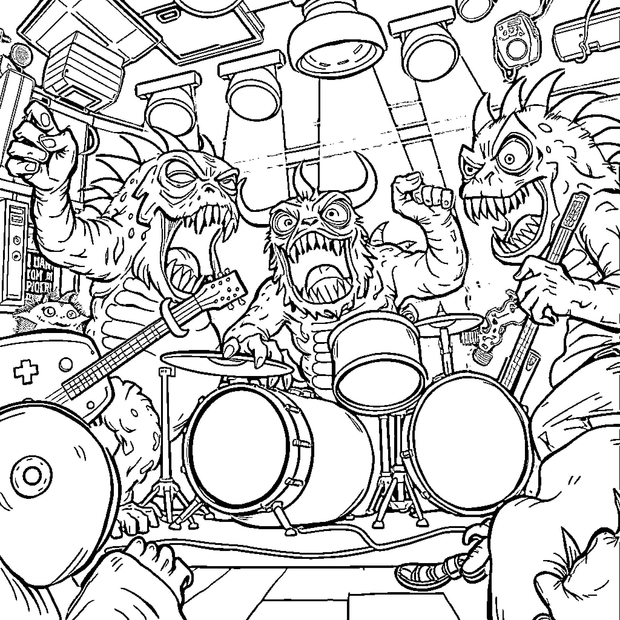 Monster Musicians Rocking Out on Stage Coloring Page (free black-and-white line drawing printable PDF for all, from beginners to advanced learners, including children, teens, adults, and seniors)