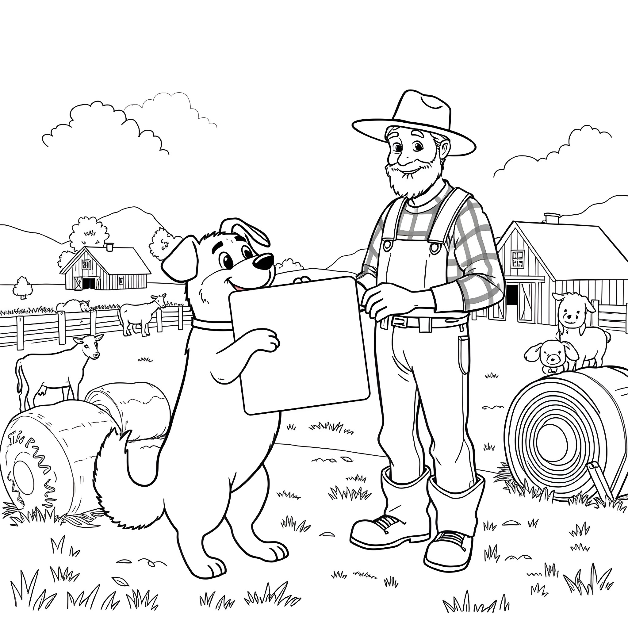 Dog and Farmer in the Countryside Coloring Page (free black-and-white line drawing printable PDF for all, from beginners to advanced learners, including children, teens, adults, and seniors)