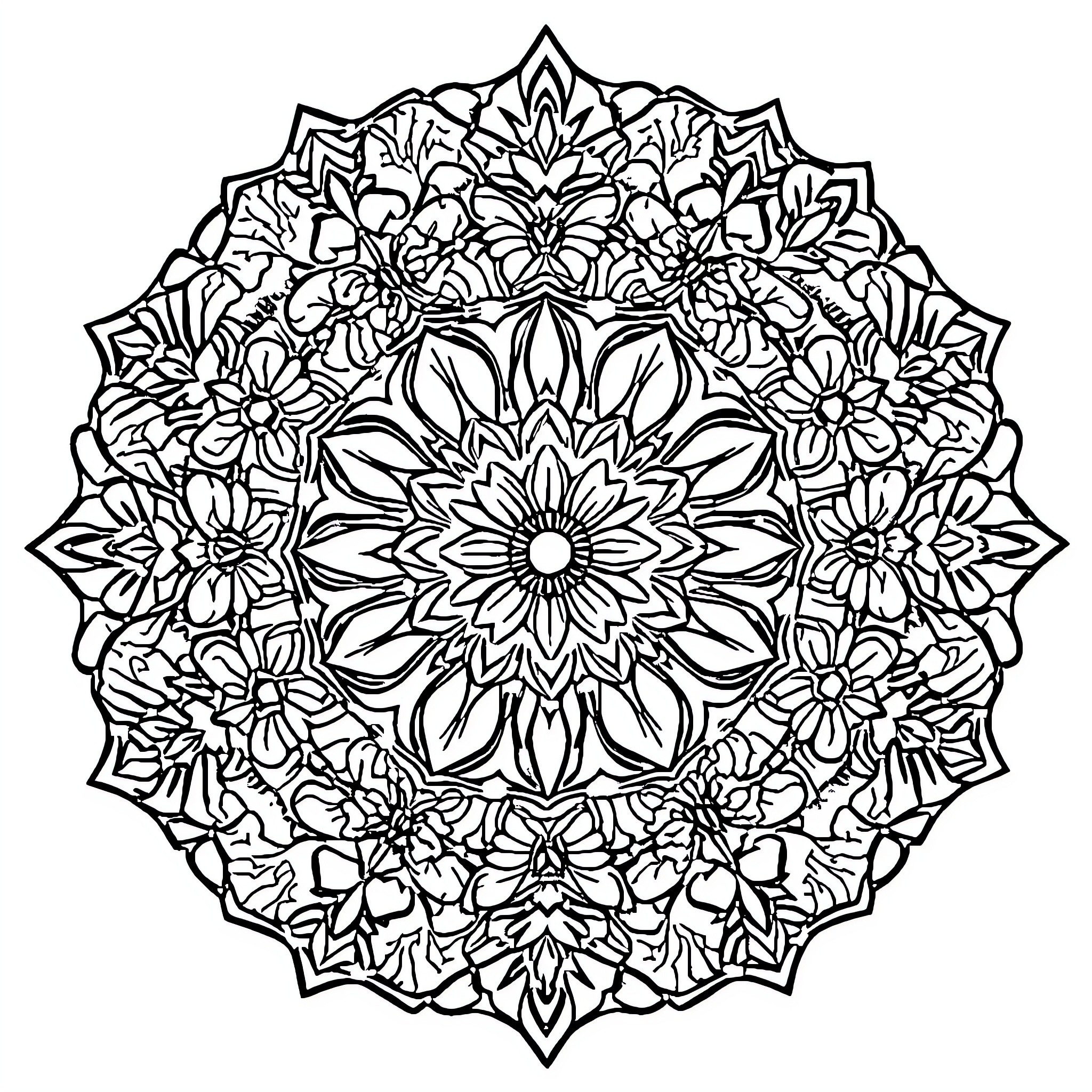 Mandala of Intricate Floral Patterns Coloring Page (free black-and-white line drawing printable PDF for all, from beginners to advanced learners, including children, teens, adults, and seniors)