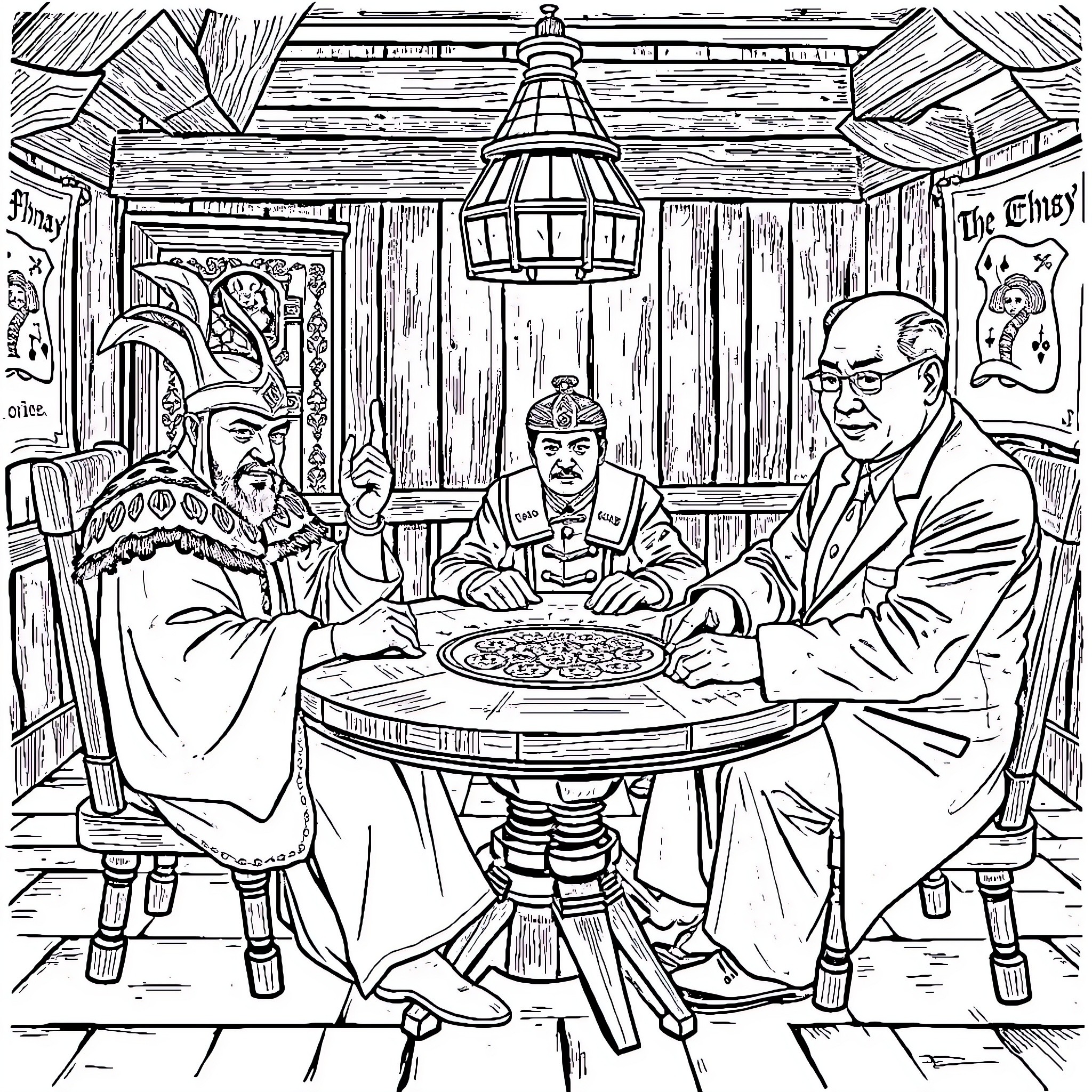 Vlad the Impaler's Guests Enjoy a Lavish Meal Coloring Page (free black-and-white line drawing printable PDF for all, from beginners to advanced learners, including children, teens, adults, and seniors)