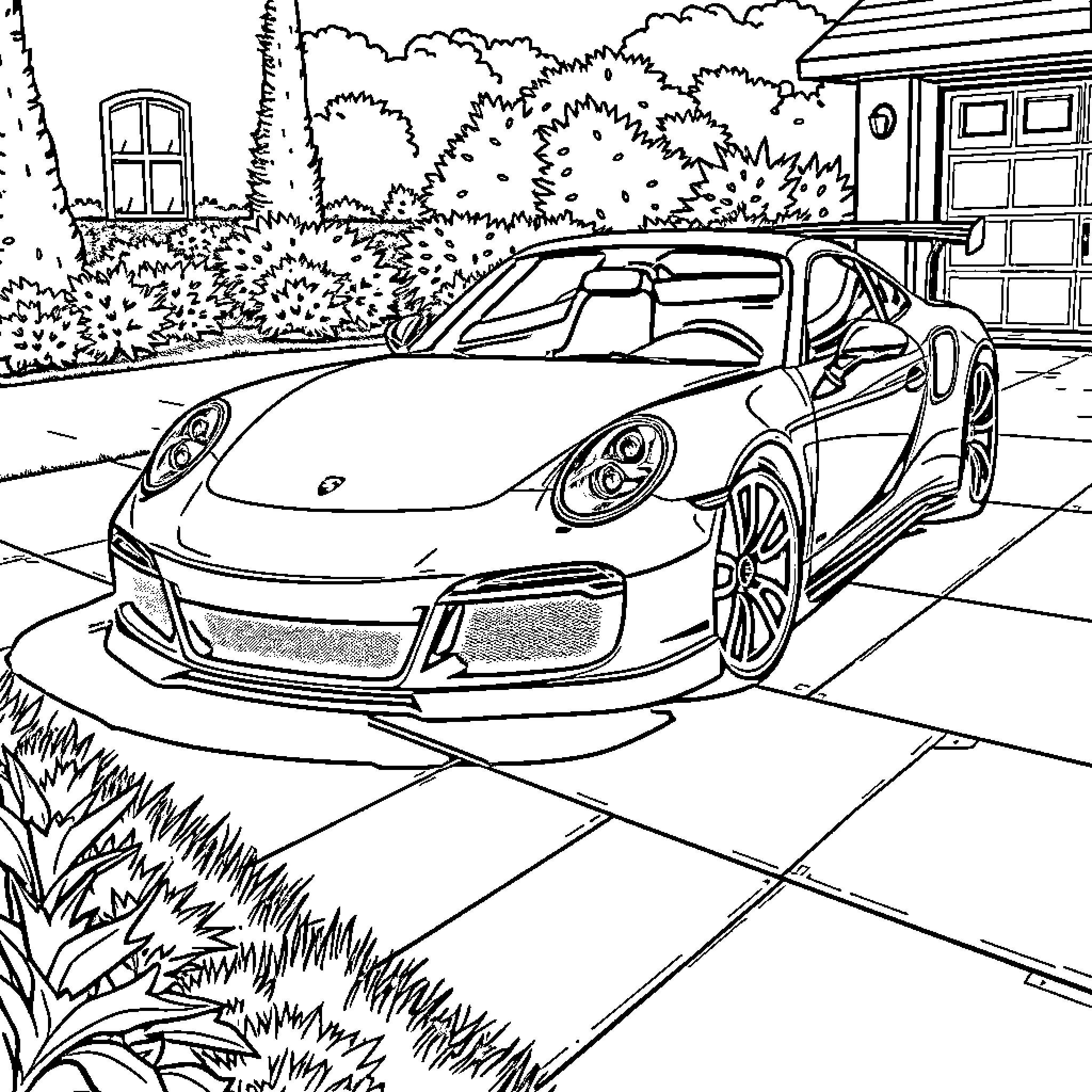 Porsche sports car parked in a scenic neighborhood Coloring Page (free black-and-white line drawing printable PDF for all, from beginners to advanced learners, including children, teens, adults, and seniors)