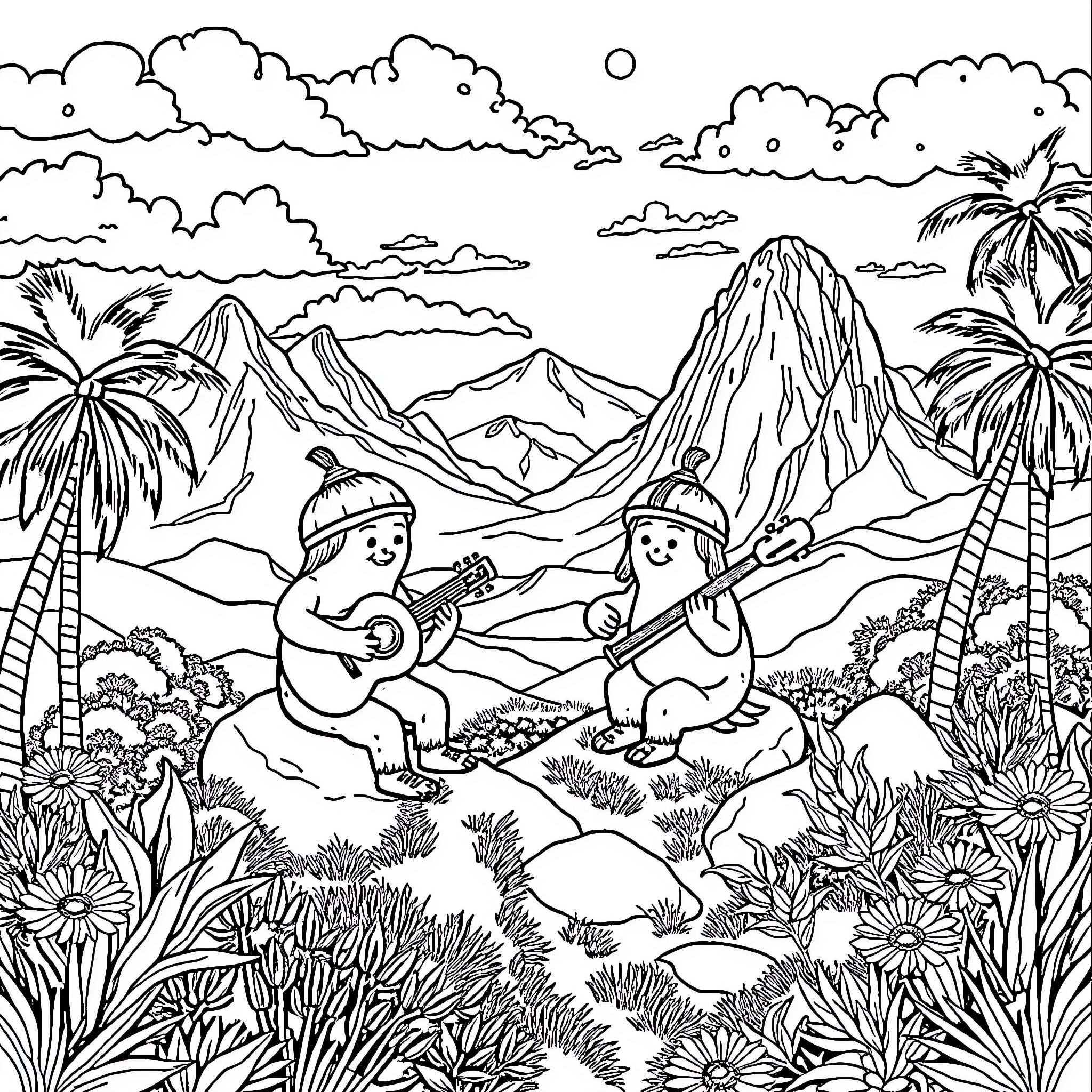 Smurfs enjoying music and nature in a tropical landscape Coloring Page (free black-and-white line drawing printable PDF for all, from beginners to advanced learners, including children, teens, adults, and seniors)