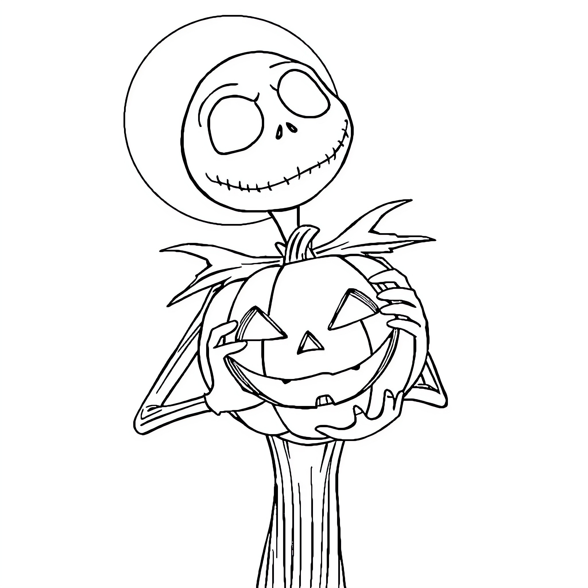 Jack Skellington happily holding a Halloween pumpkin Coloring Page (free black-and-white line drawing printable PDF for all, from beginners to advanced learners, including children, teens, adults, and seniors)