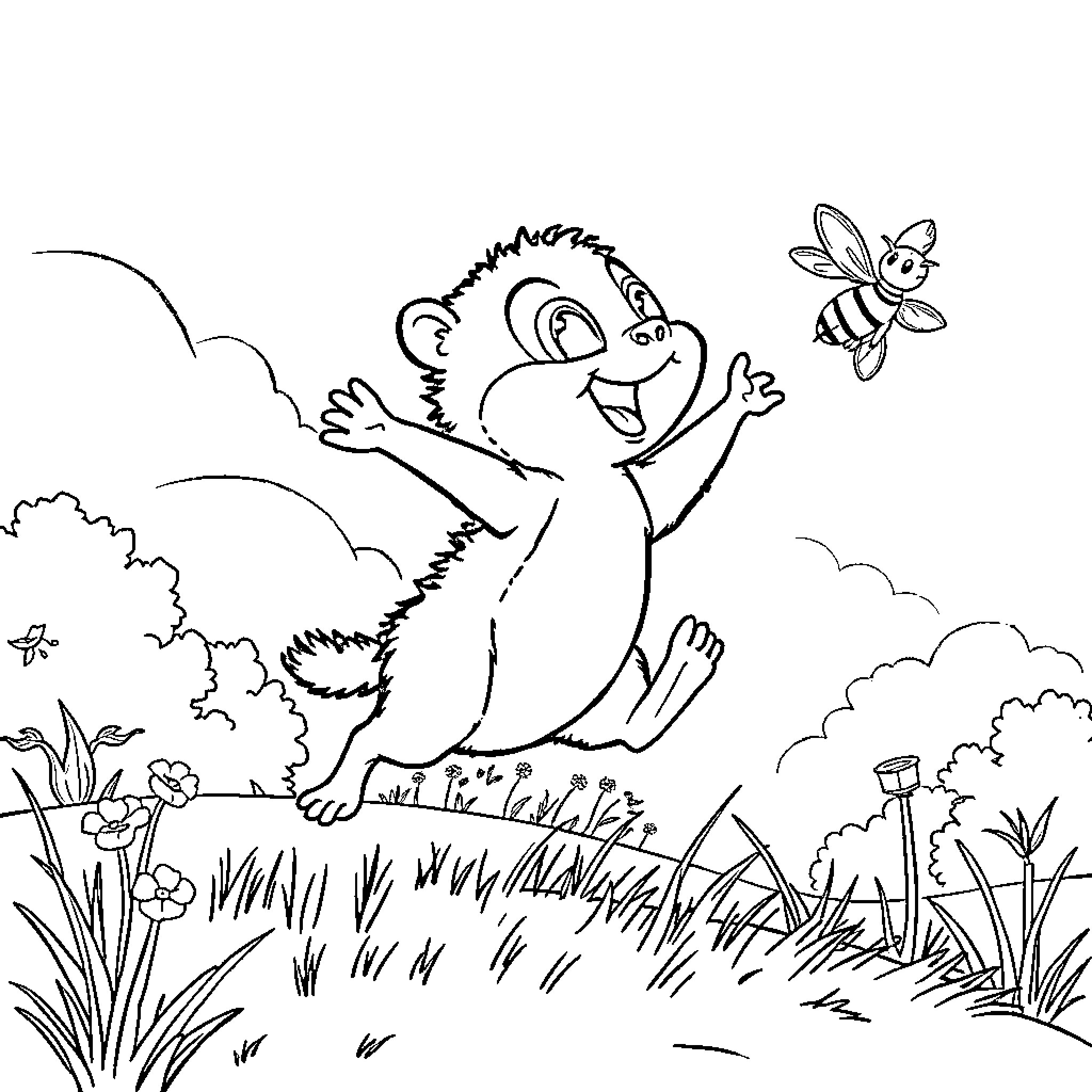 Labubu chasing a playful bee in the meadow Coloring Page (free black-and-white line drawing printable PDF for all, from beginners to advanced learners, including children, teens, adults, and seniors)