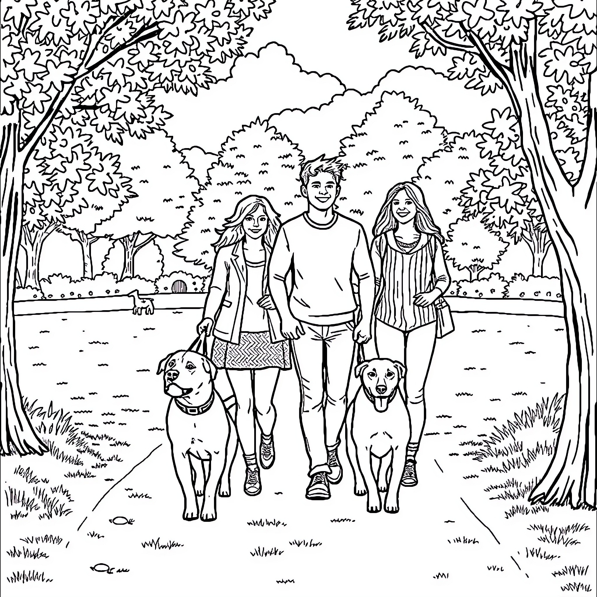 Dog family walking together in a park Coloring Page (free black-and-white line drawing printable PDF for all, from beginners to advanced learners, including children, teens, adults, and seniors)