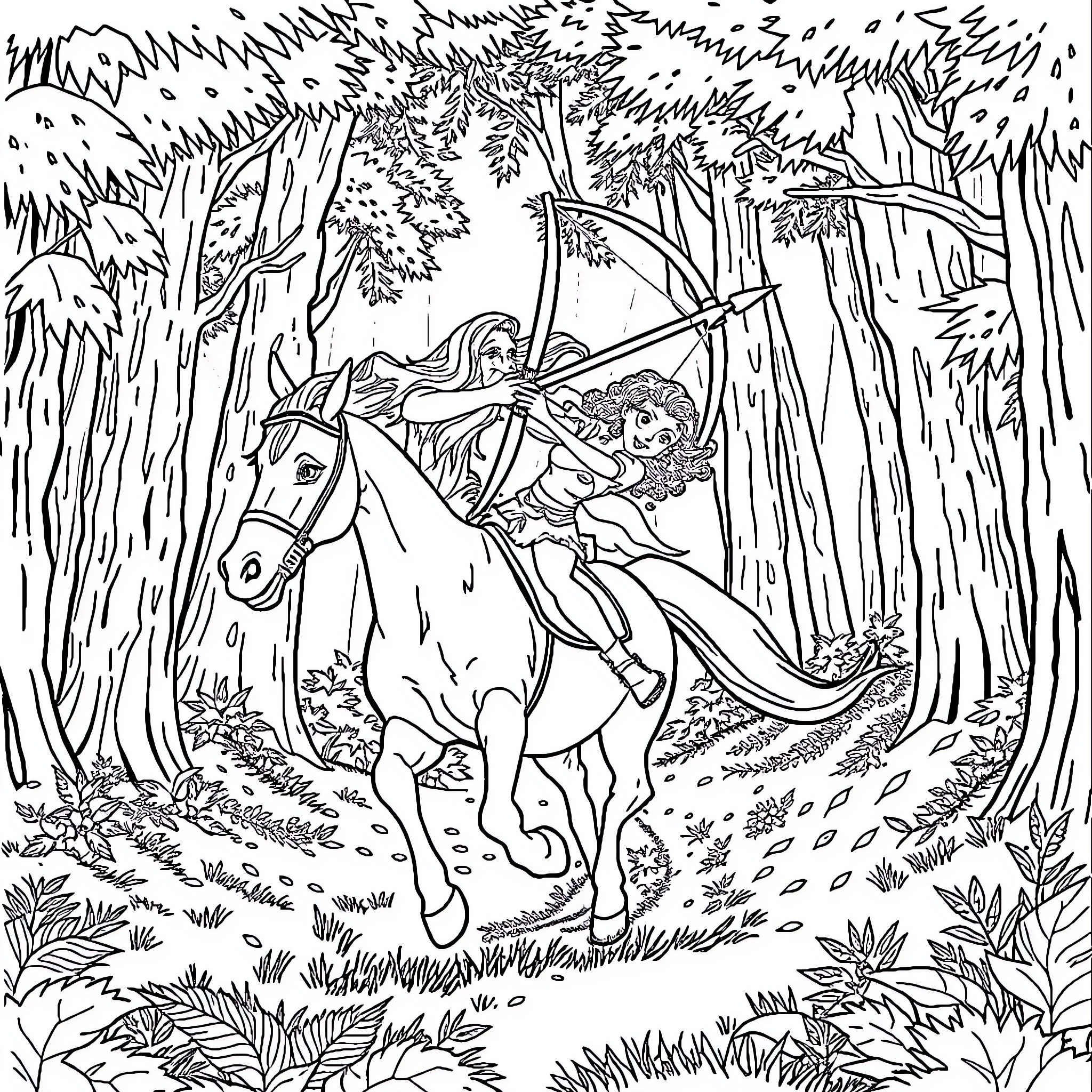 Merida riding her horse through the enchanted forest Coloring Page (free black-and-white line drawing printable PDF for all, from beginners to advanced learners, including children, teens, adults, and seniors)
