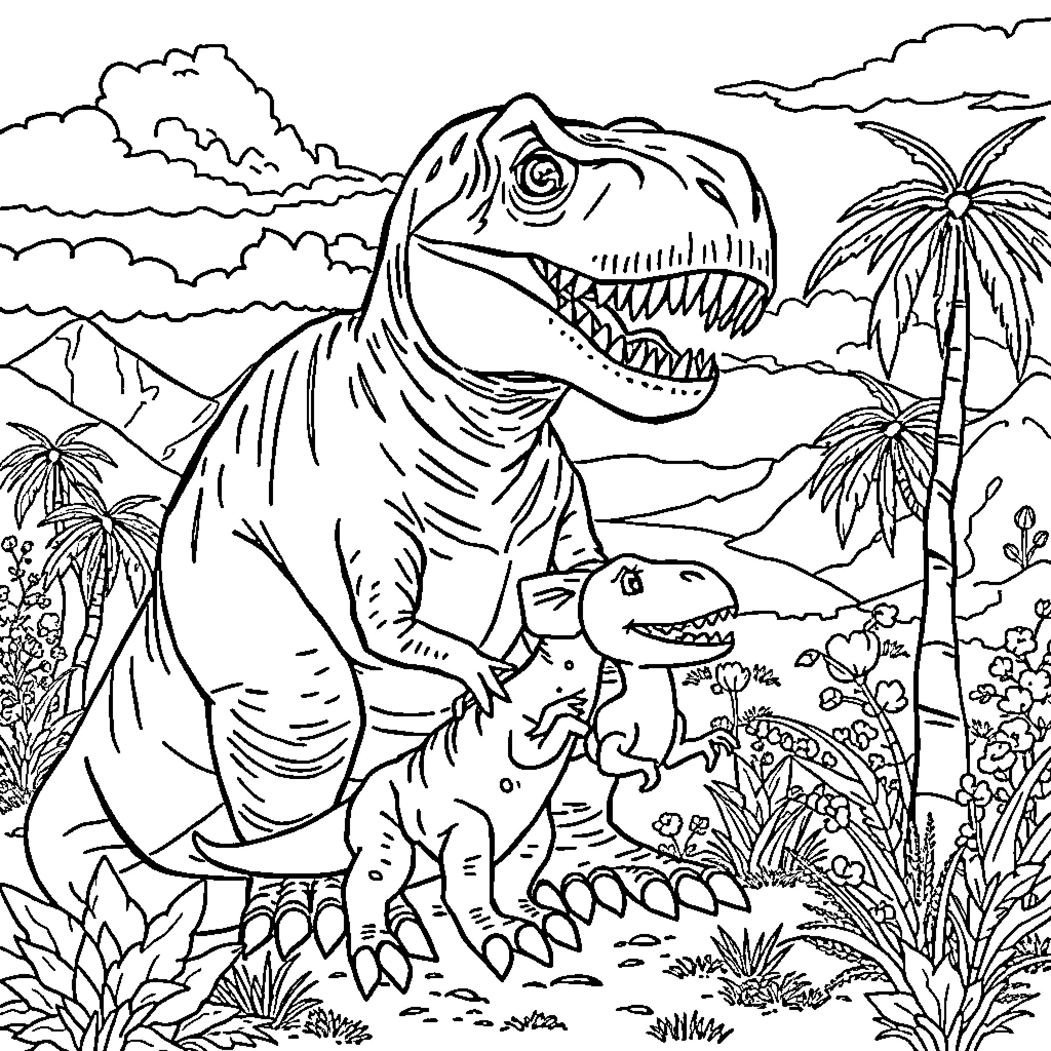 T-Rex and Dinosaur Family in Prehistoric Landscape Coloring Page (free black-and-white line drawing printable PDF for all, from beginners to advanced learners, including children, teens, adults, and seniors)
