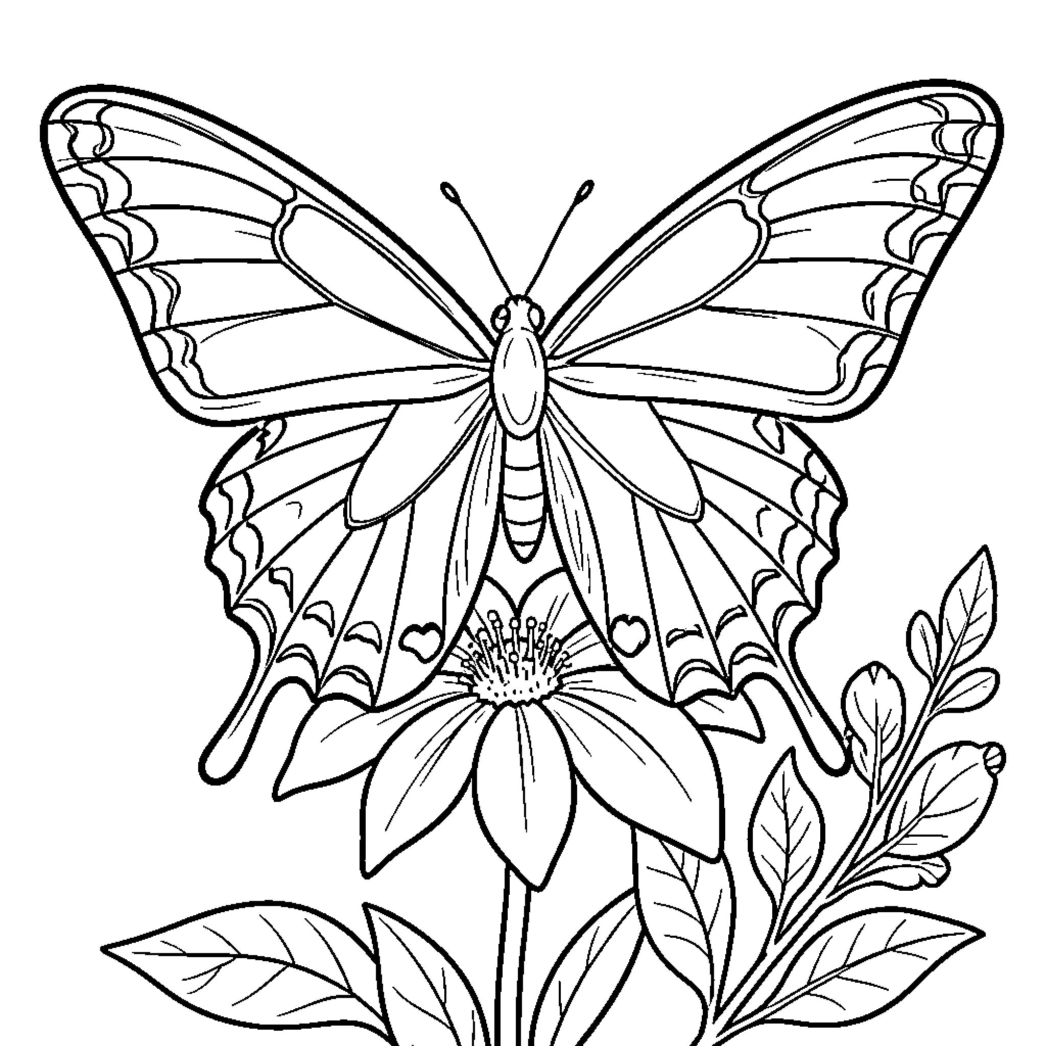 Butterfly resting gracefully on a blooming flower Coloring Page (free black-and-white line drawing printable PDF for all, from beginners to advanced learners, including children, teens, adults, and seniors)