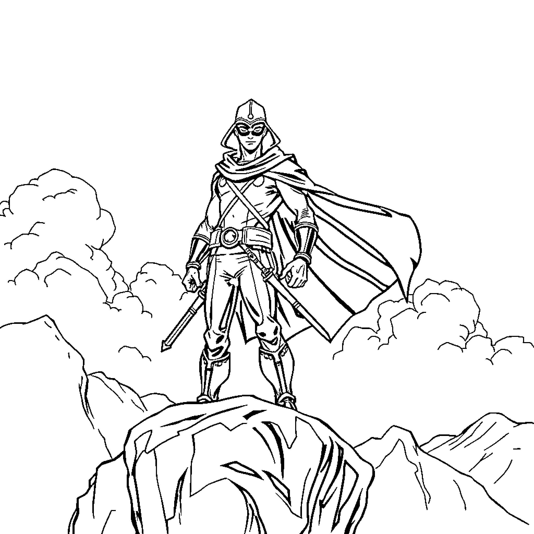 Zorro, the Masked Adventurer, Stands Tall in the Mountains Coloring Page (free black-and-white line drawing printable PDF for all, from beginners to advanced learners, including children, teens, adults, and seniors)