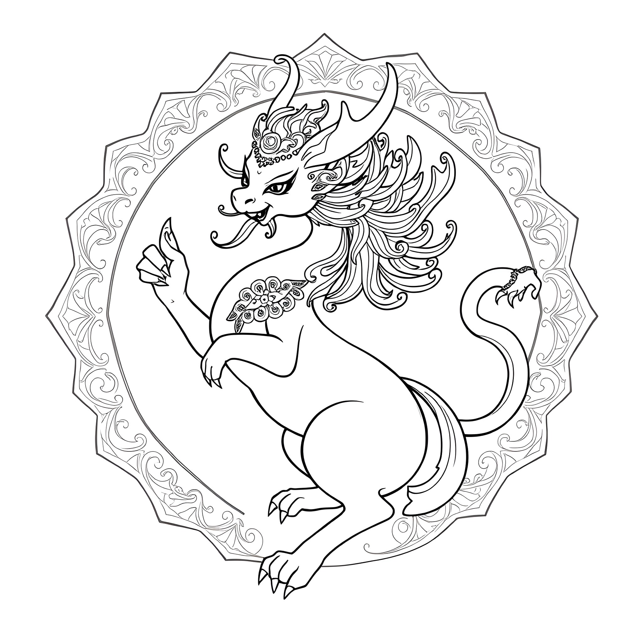 Mishipeshu - Mythical Creature in Ornate Frame Coloring Page (free black-and-white line drawing printable PDF for all, from beginners to advanced learners, including children, teens, adults, and seniors)