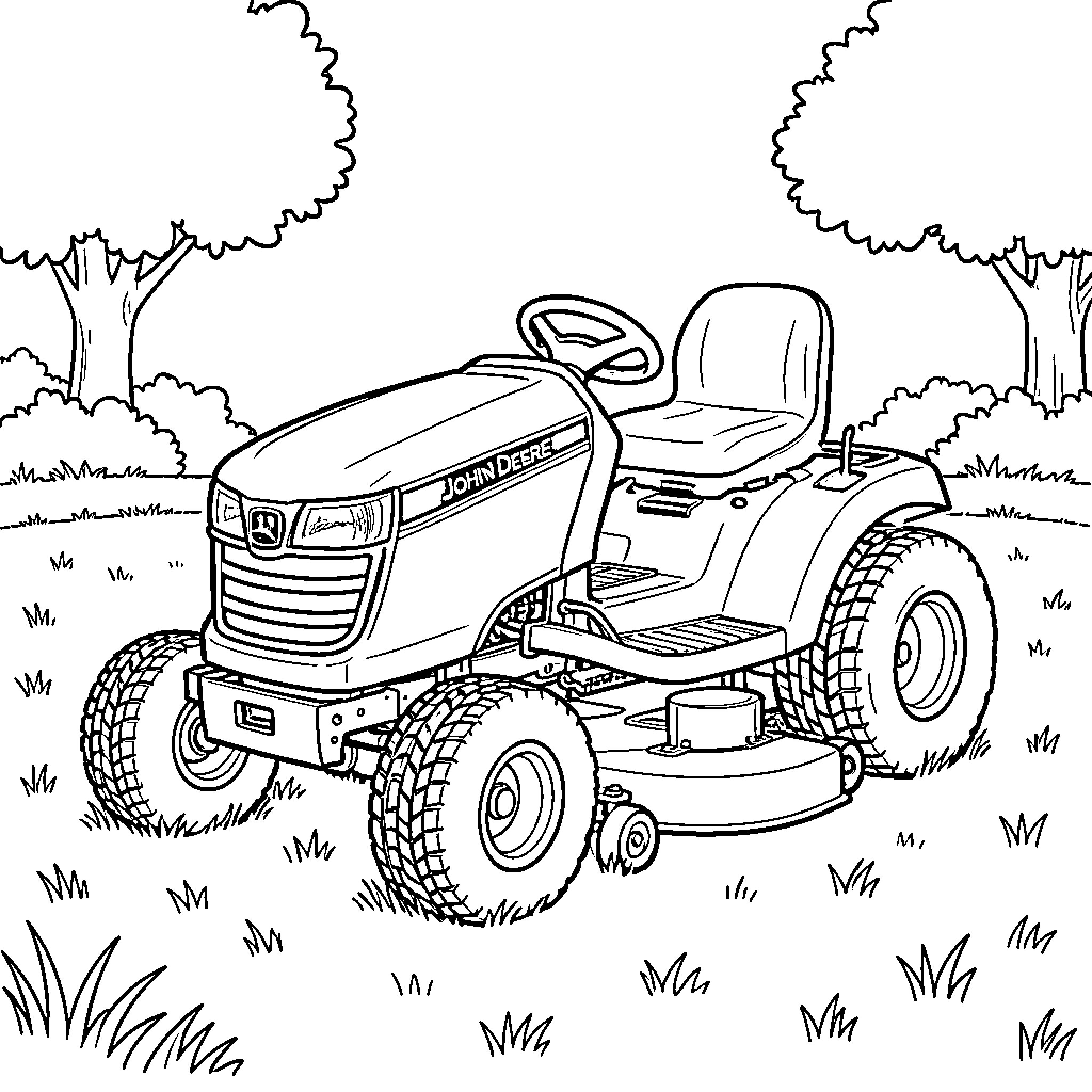 Lawn Tractor parked on a grassy field near trees Coloring Page (free black-and-white line drawing printable PDF for all, from beginners to advanced learners, including children, teens, adults, and seniors)