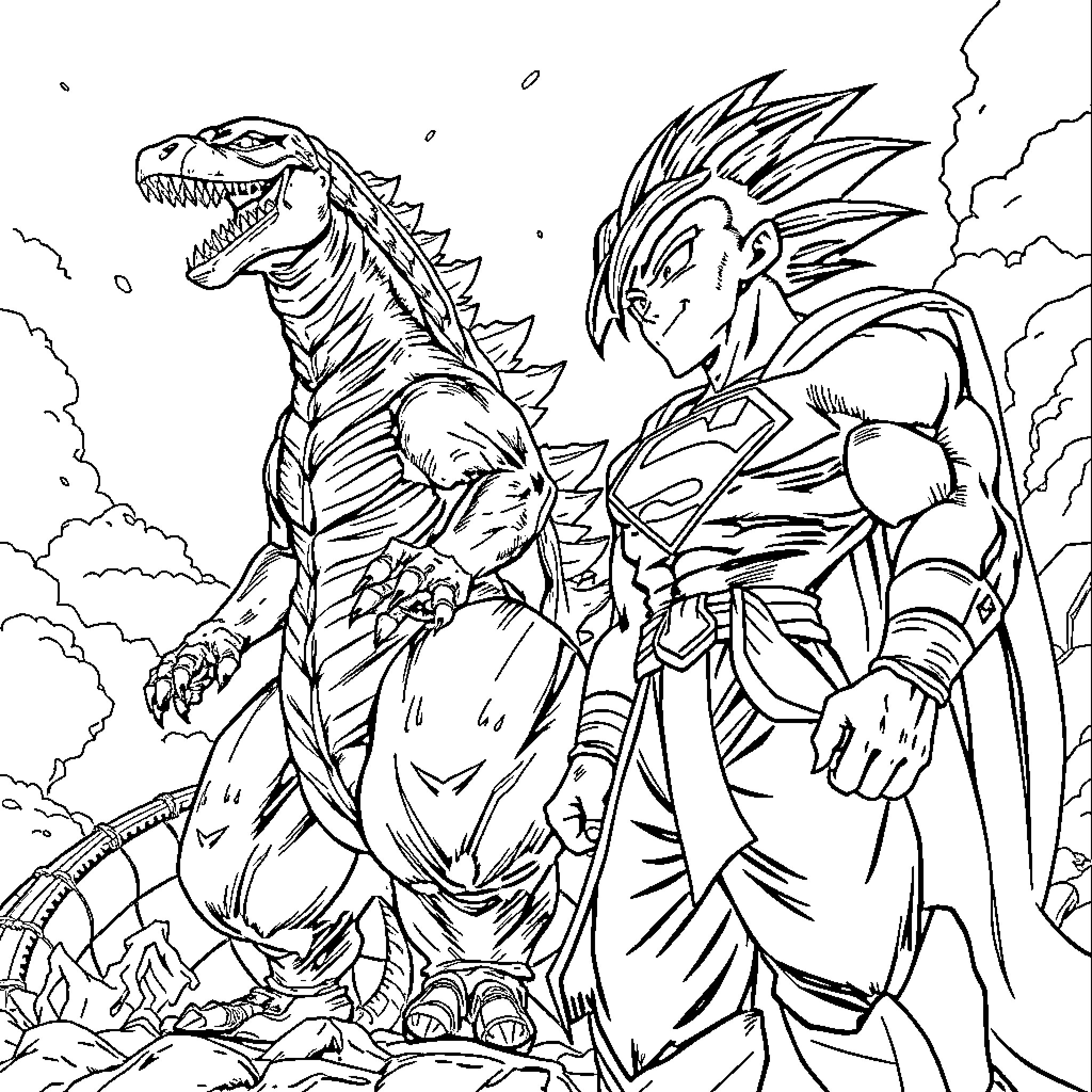 Godzilla facing off against a warrior in an epic battle Coloring Page (free black-and-white line drawing printable PDF for all, from beginners to advanced learners, including children, teens, adults, and seniors)