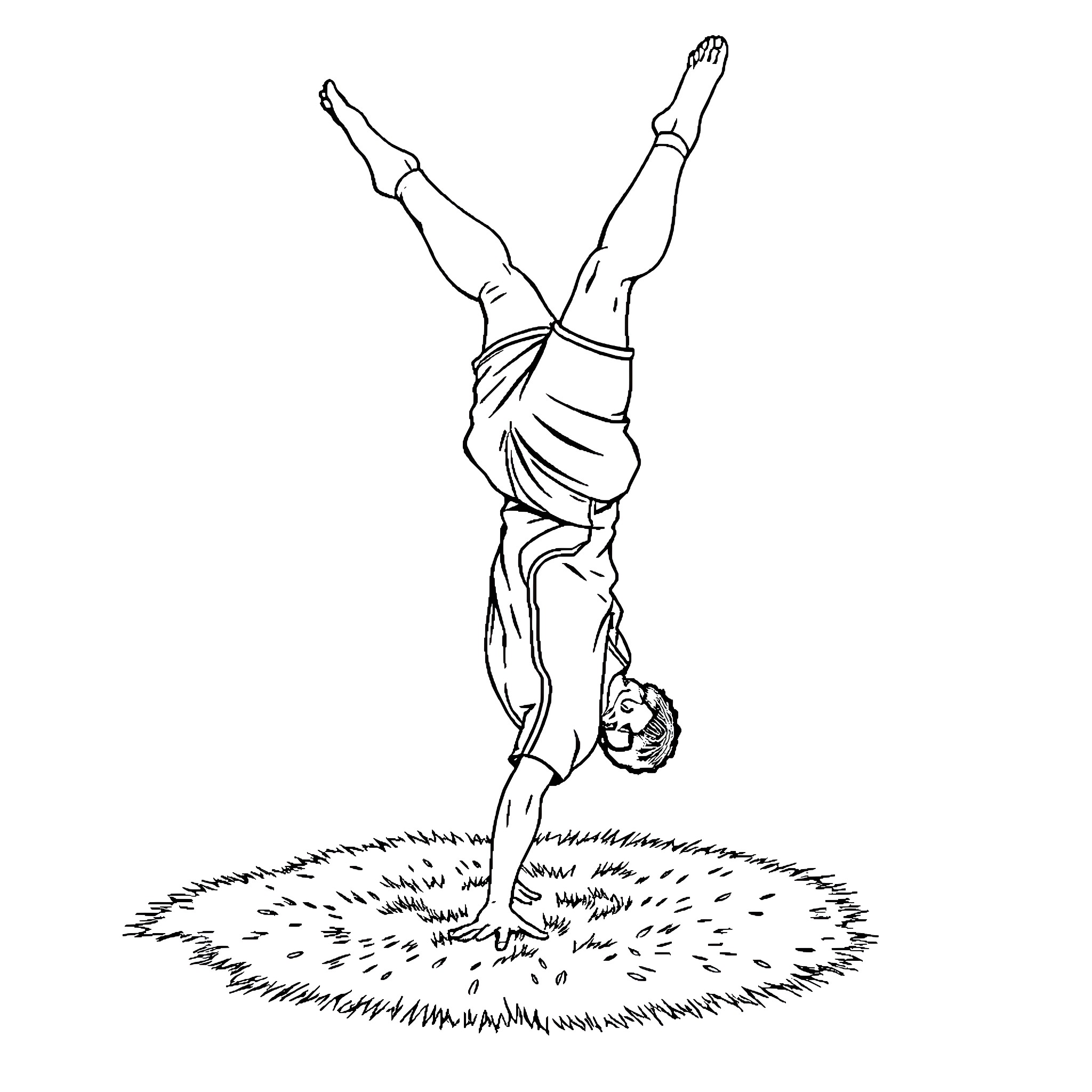 Cristiano Ronaldo doing a handstand on the field Coloring Page (free black-and-white line drawing printable PDF for all, from beginners to advanced learners, including children, teens, adults, and seniors)