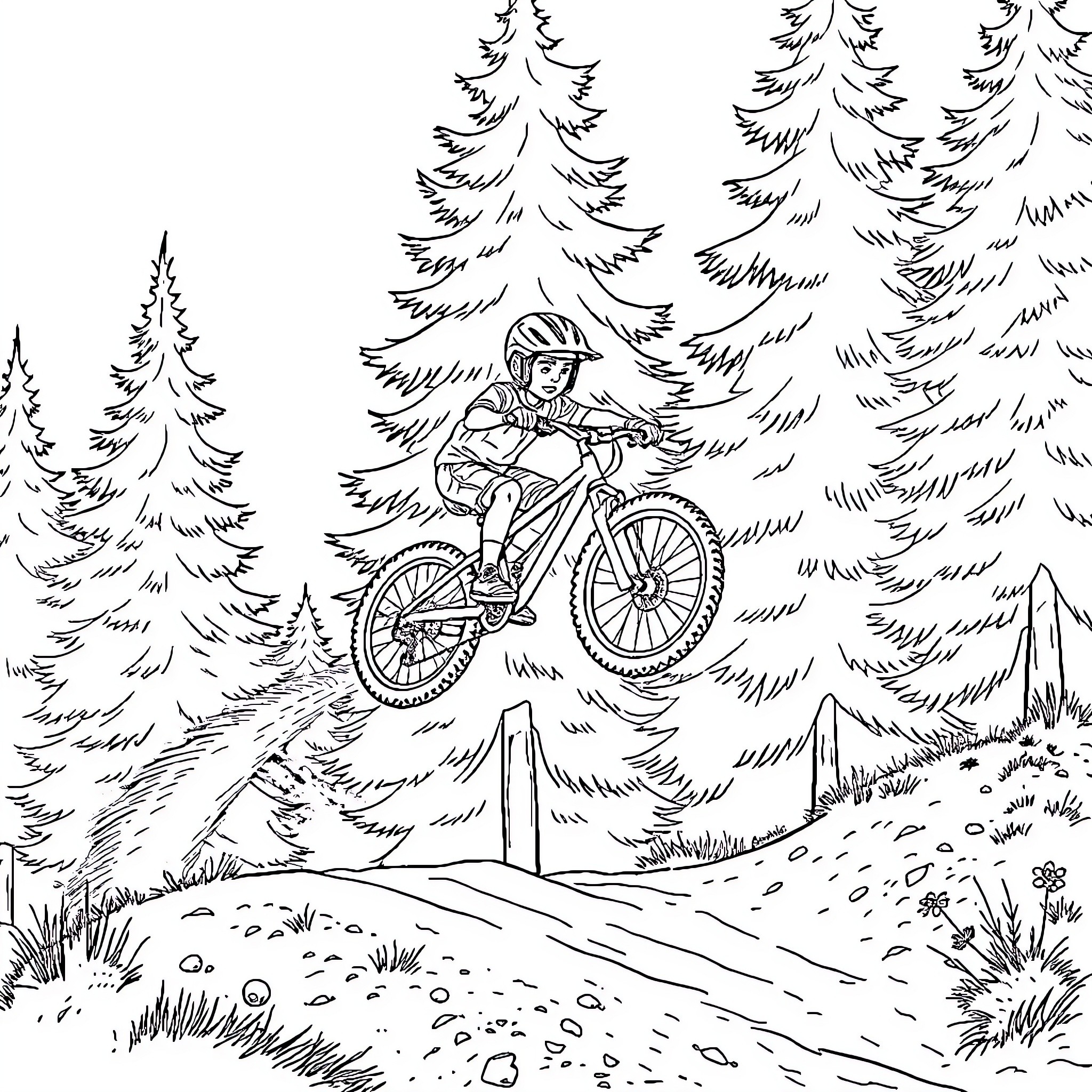Kid cycling down a trail in the forest Coloring Page (free black-and-white line drawing printable PDF for all, from beginners to advanced learners, including children, teens, adults, and seniors)