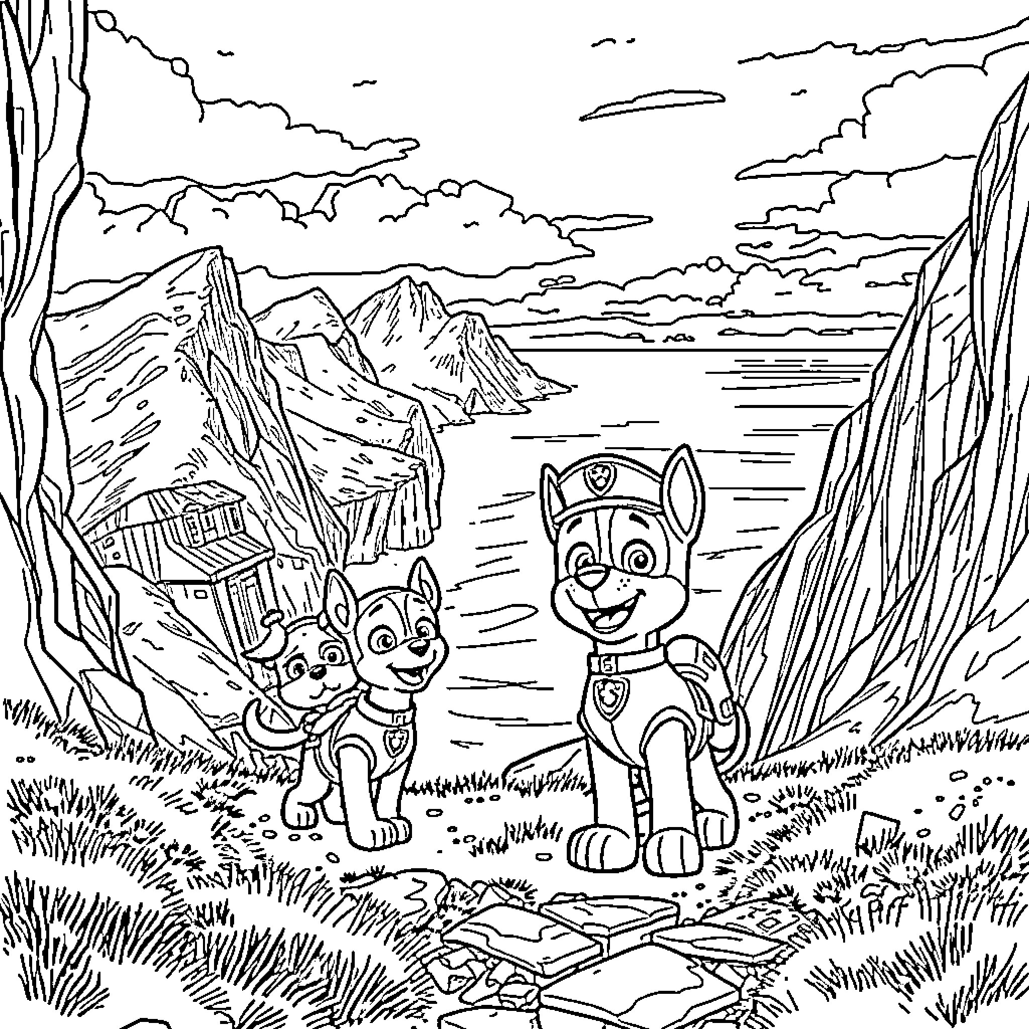 Paw Patrol Pups Exploring Mountainous Landscape Coloring Page (free black-and-white line drawing printable PDF for all, from beginners to advanced learners, including children, teens, adults, and seniors)