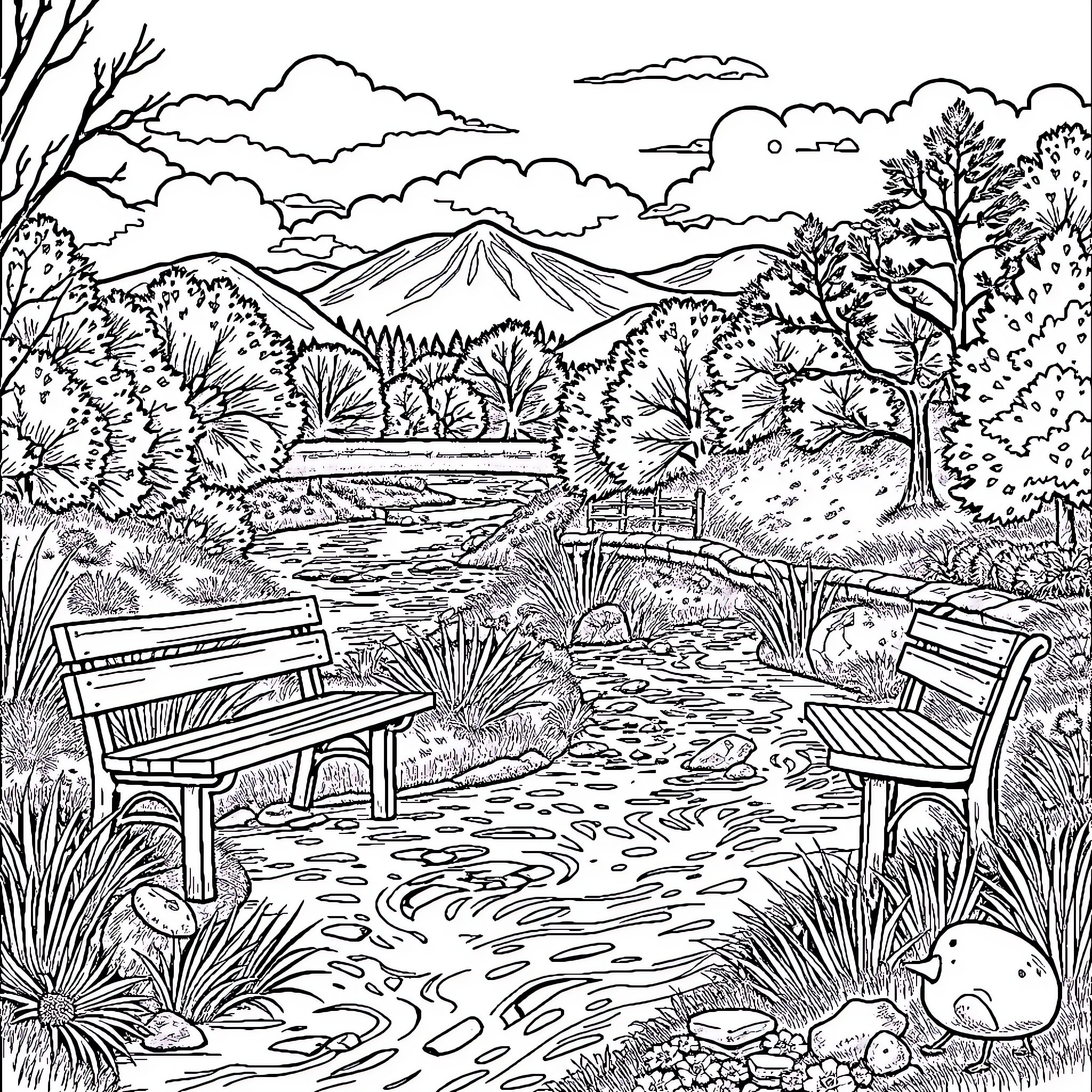 Scenery of a tranquil nature park with benches Coloring Page (free black-and-white line drawing printable PDF for all, from beginners to advanced learners, including children, teens, adults, and seniors)