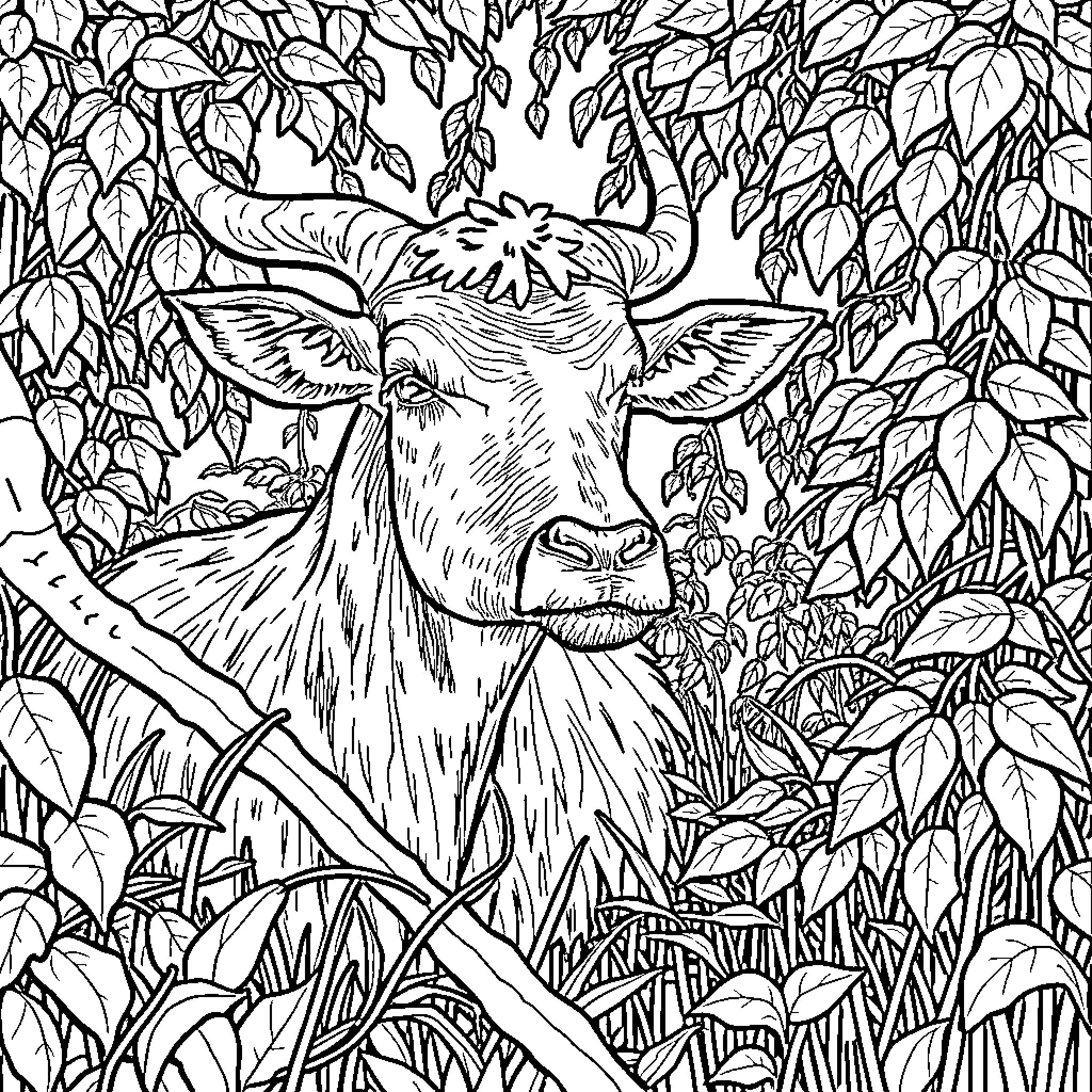 Sheep in a Lush, Leafy Environment Coloring Page (free black-and-white line drawing printable PDF for all, from beginners to advanced learners, including children, teens, adults, and seniors)