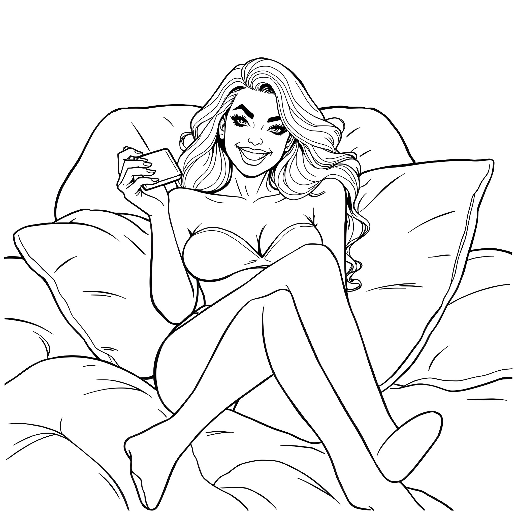 Lady reclining comfortably on the bed Coloring Page (free black-and-white line drawing printable PDF for all, from beginners to advanced learners, including children, teens, adults, and seniors)
