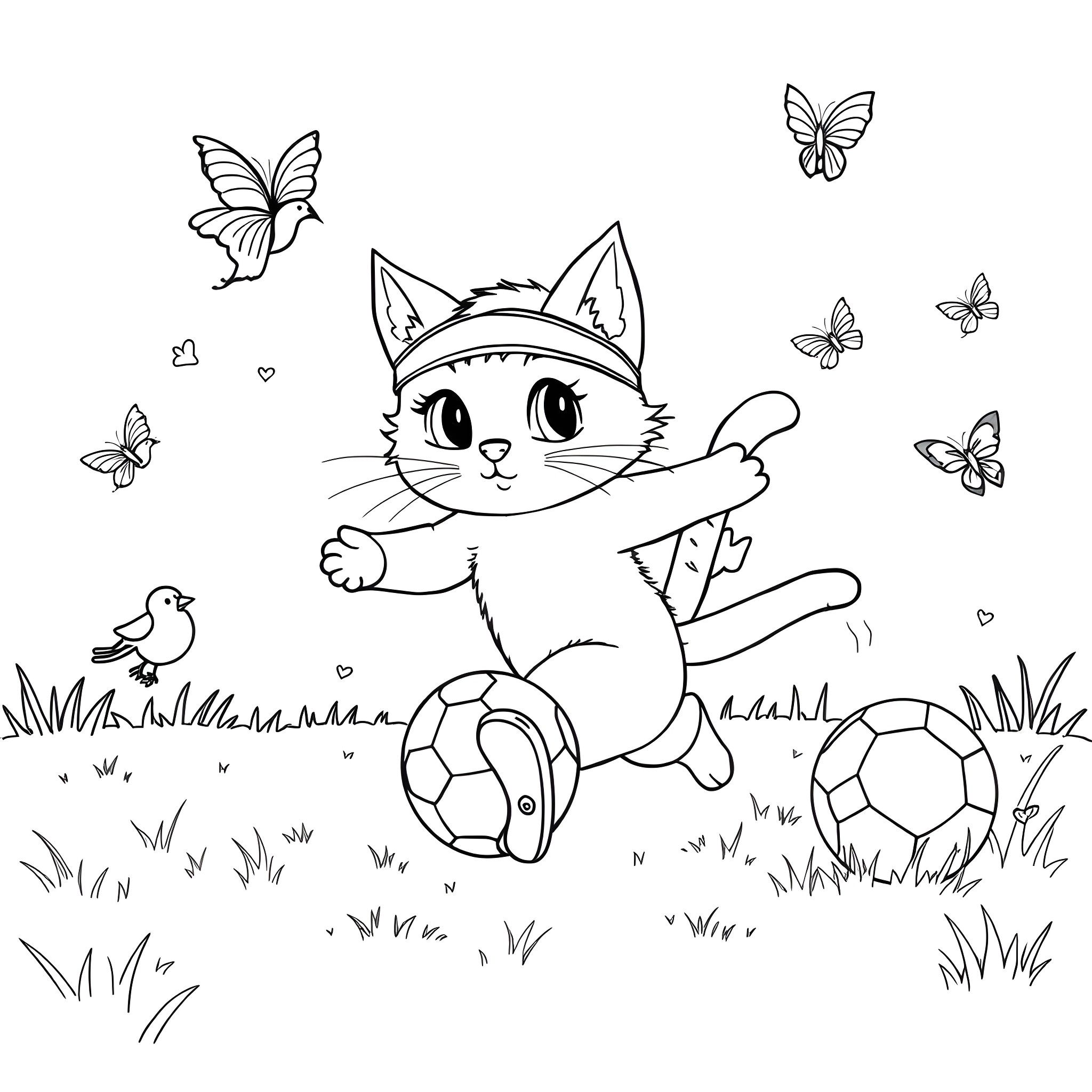 Kitty playing happily with butterflies and soccer balls Coloring Page (free black-and-white line drawing printable PDF for all, from beginners to advanced learners, including children, teens, adults, and seniors)