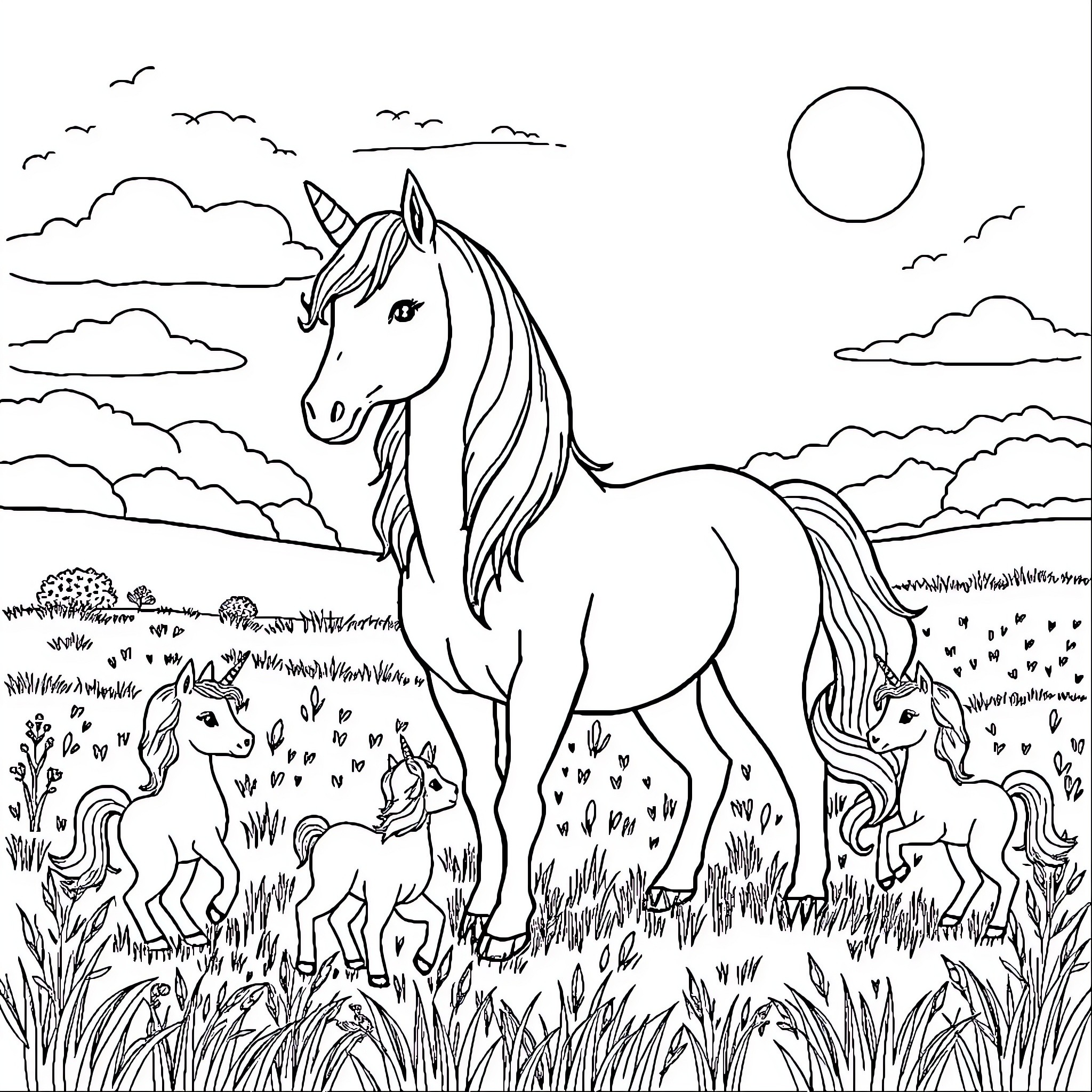 Unicorn and Foals Grazing in Meadow Coloring Page (free black-and-white line drawing printable PDF for all, from beginners to advanced learners, including children, teens, adults, and seniors)