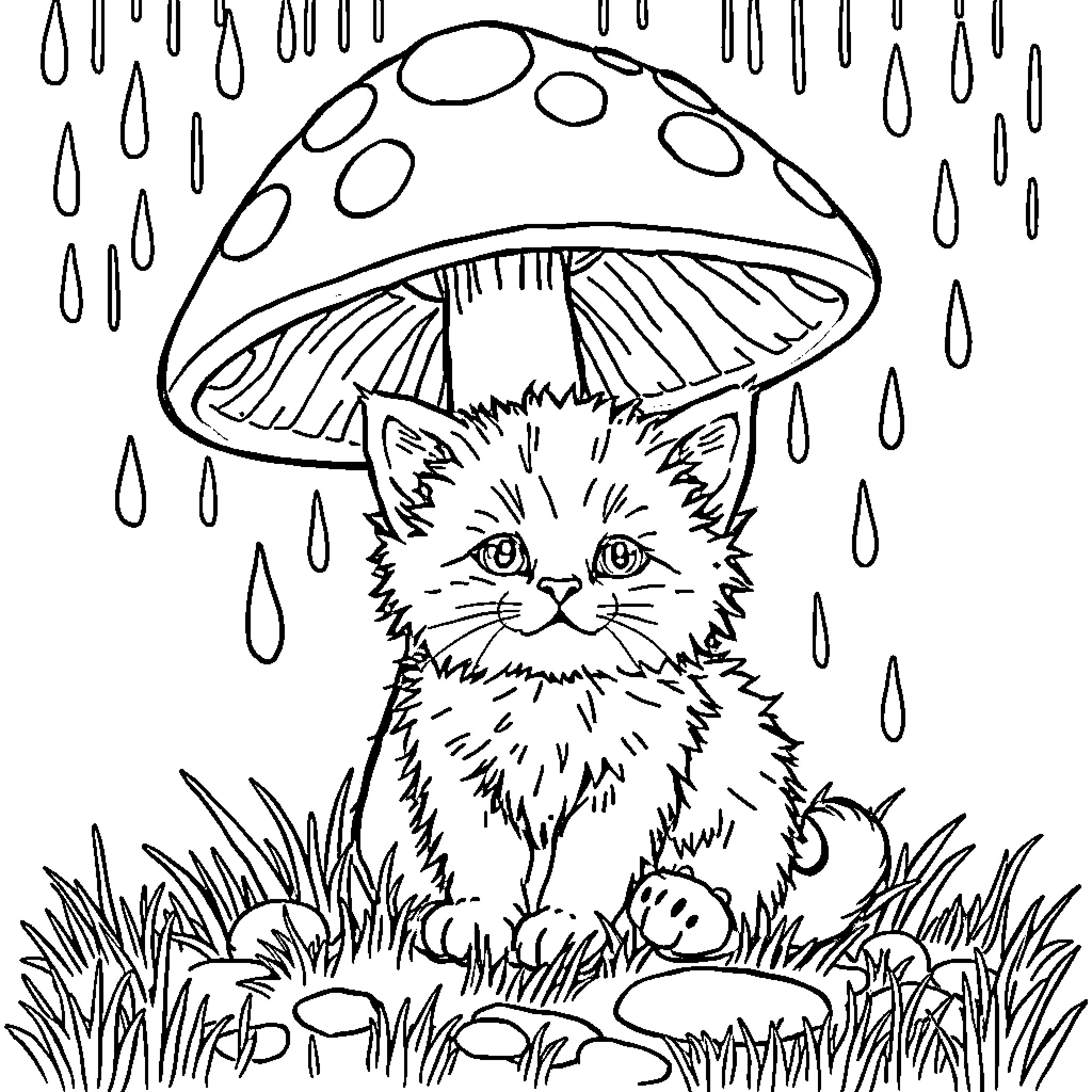 Kitten hiding under a mushroom in the rain Coloring Page (free black-and-white line drawing printable PDF for all, from beginners to advanced learners, including children, teens, adults, and seniors)