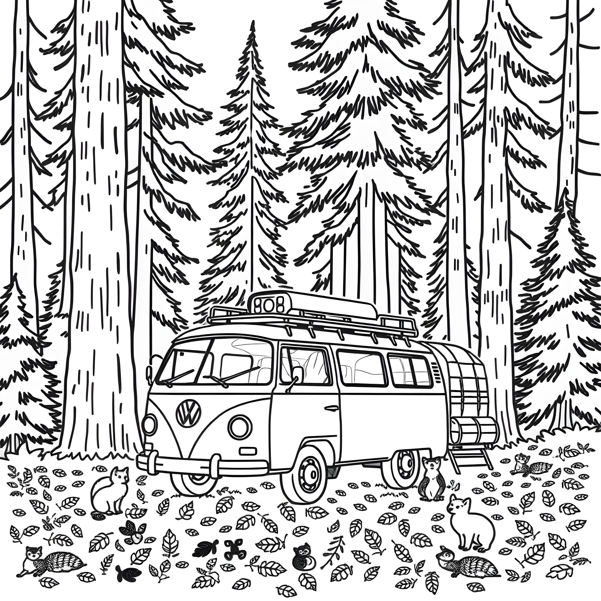 VW Bus adventure in the forest Coloring Page (free black-and-white line drawing printable PDF for all, from beginners to advanced learners, including children, teens, adults, and seniors)