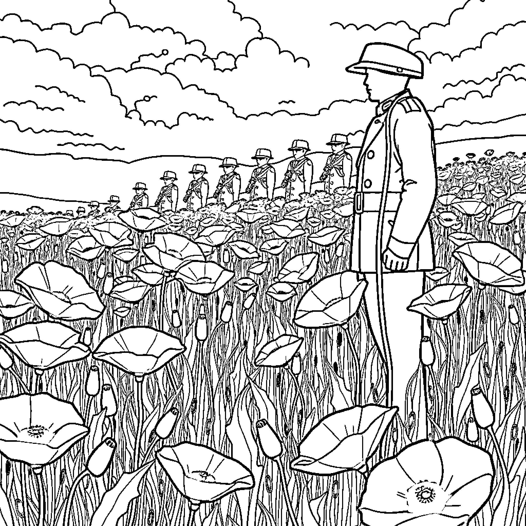 Poppy field with marching soldiers Coloring Page (free black-and-white line drawing printable PDF for all, from beginners to advanced learners, including children, teens, adults, and seniors)