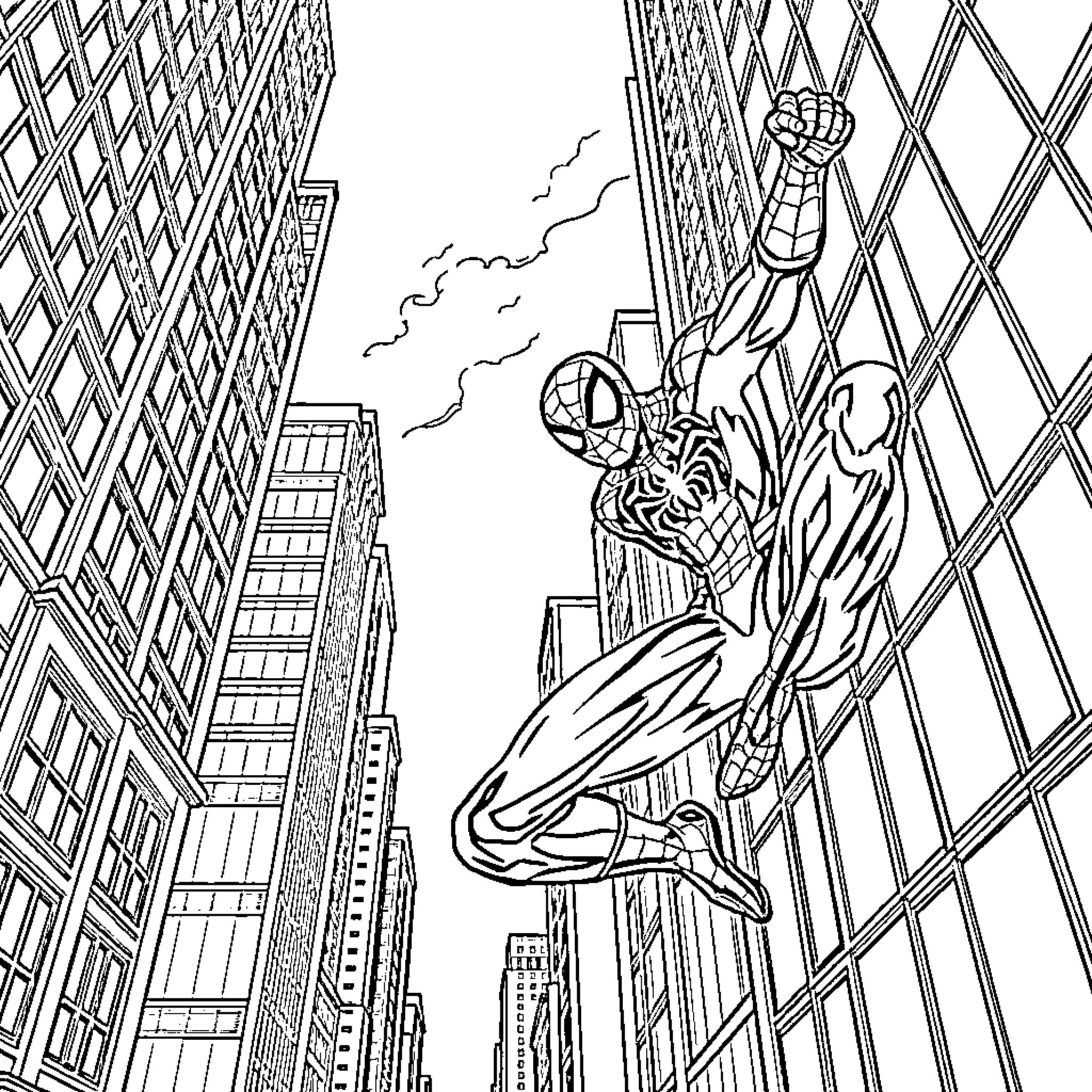 Spiderman swinging through the city skyline Coloring Page (free black-and-white line drawing printable PDF for all, from beginners to advanced learners, including children, teens, adults, and seniors)