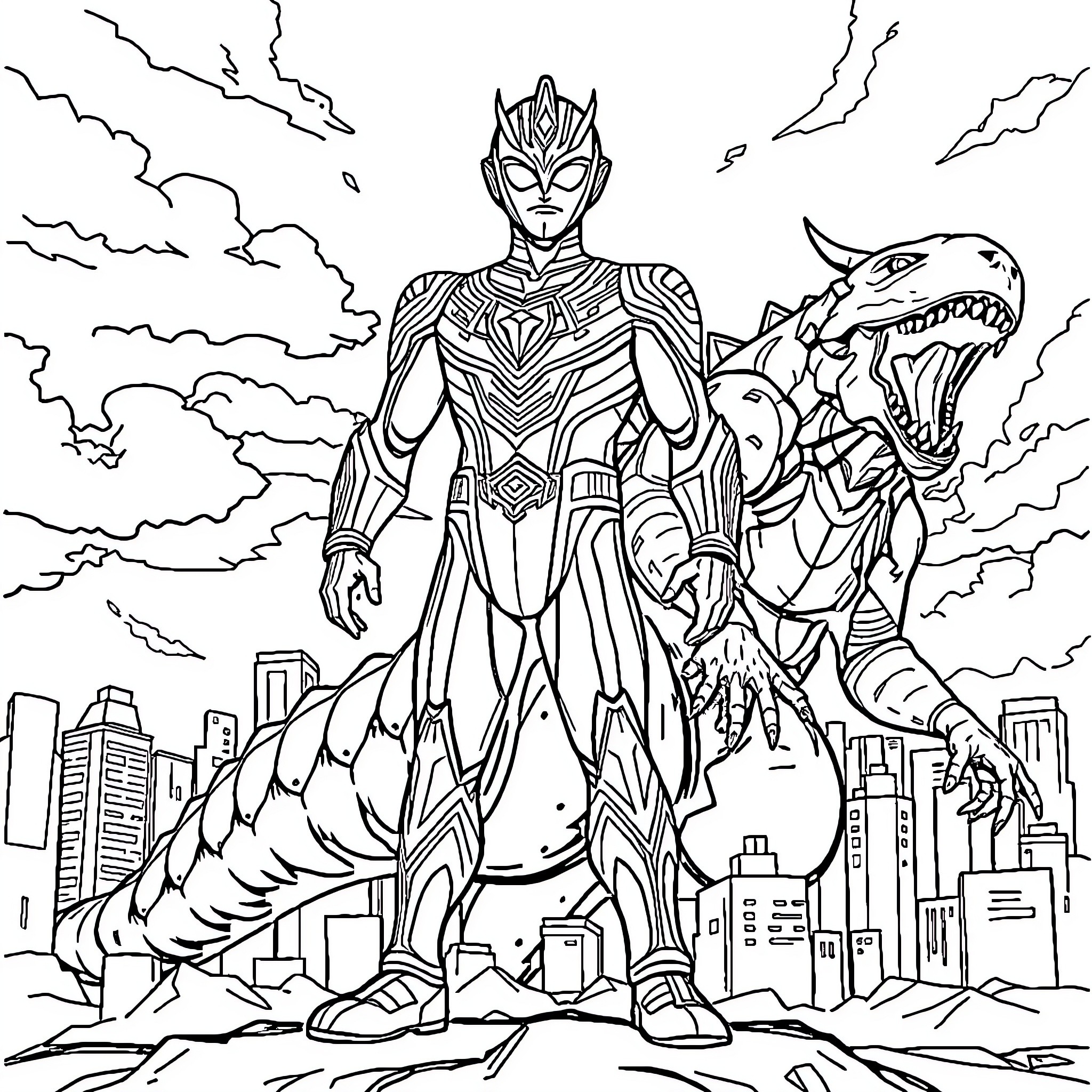 Ultraman confronting a giant monster in the city Coloring Page (free black-and-white line drawing printable PDF for all, from beginners to advanced learners, including children, teens, adults, and seniors)