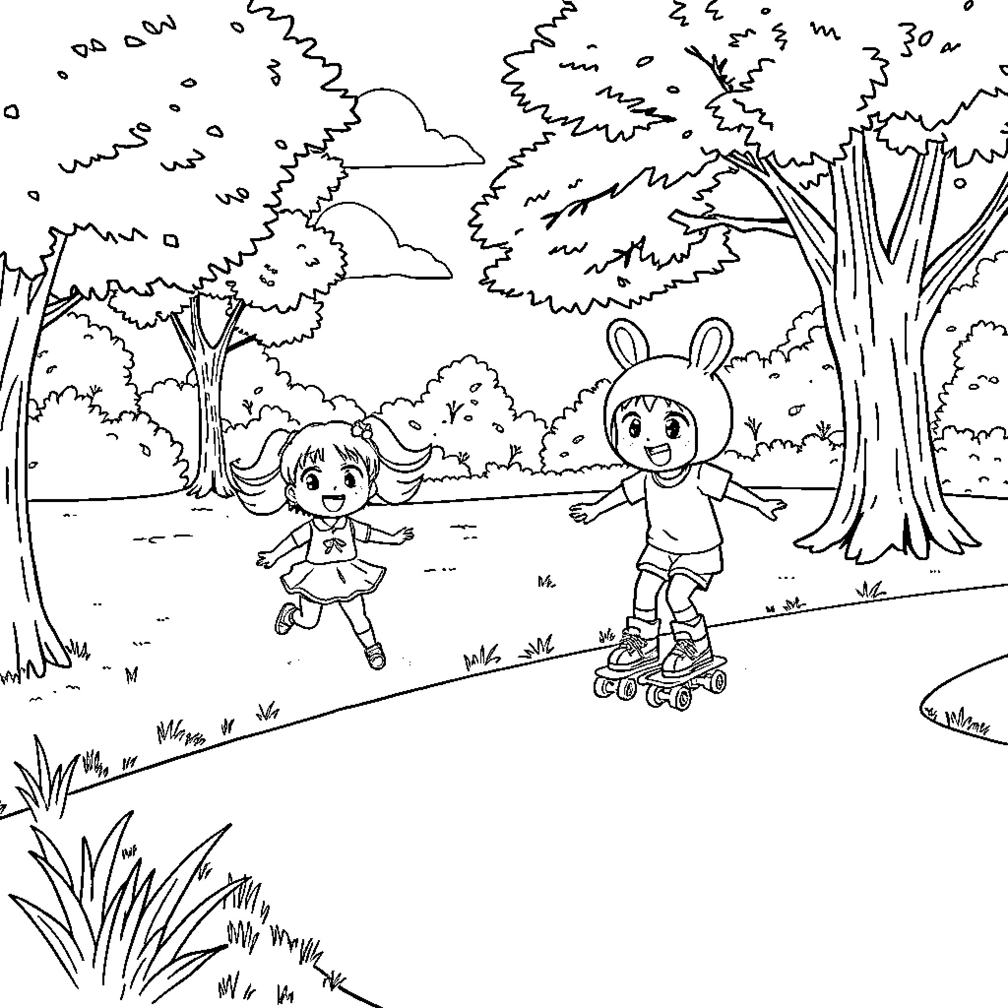 Kiromi's Lively Adventure in the Enchanted Forest Coloring Page (free black-and-white line drawing printable PDF for all, from beginners to advanced learners, including children, teens, adults, and seniors)