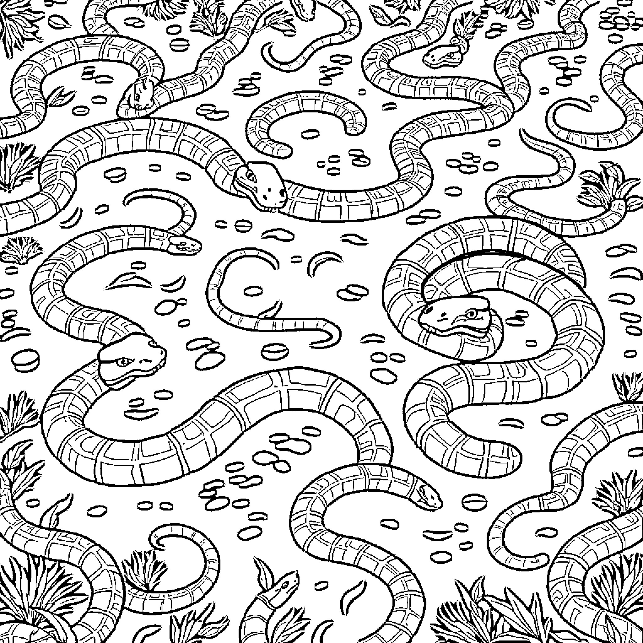 Snake Swarm Slithering Amidst Nature Coloring Page (free black-and-white line drawing printable PDF for all, from beginners to advanced learners, including children, teens, adults, and seniors)